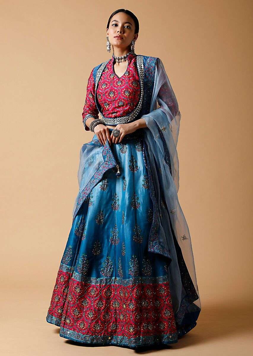 Blue Lehenga Ombre Printed Lehenga Choli With Floral Motifs And