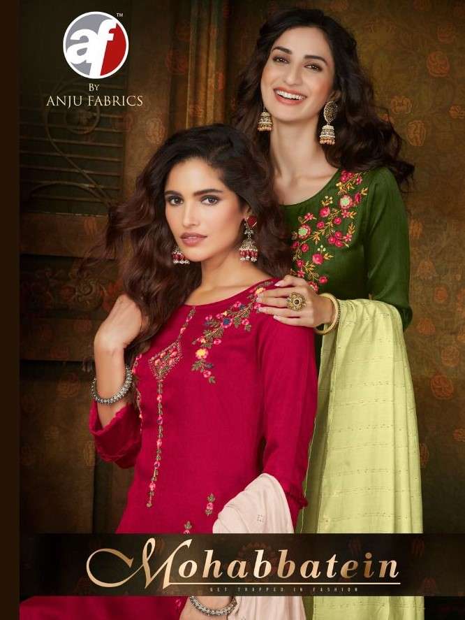 ANJU FAB KURTI WITH PANT DUPATTA MOHABBATEIN CATALOG WHOLESALER IN SURAT LUCACCI DESIGNER 