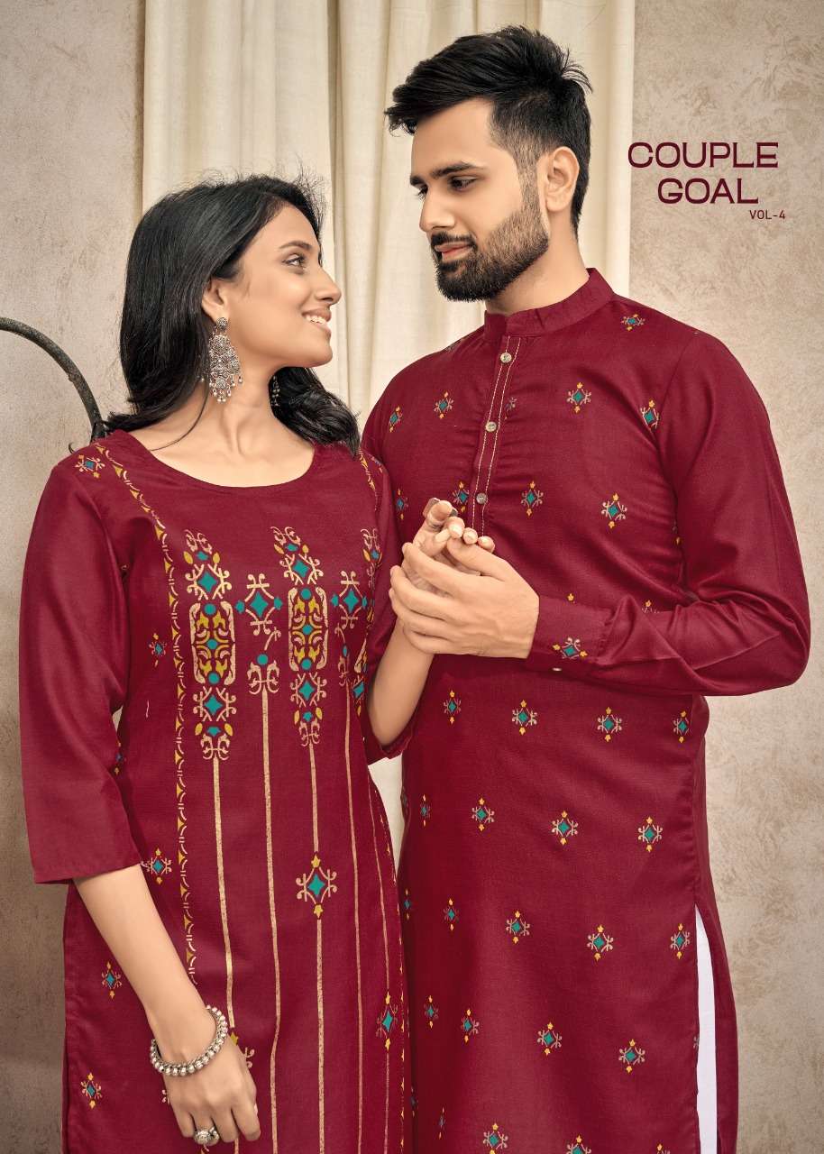 BANWERY FASHION PRESENTING COUPLE GOAL VOL- 4 NEW HEAVY FANCY PURE COTTON WITH MULTI COLOUR STYLISTIST COUPLE COMBO OF KURTI WITH PANT AND KURTA WITH PAYJAMA COLLECTION IN WHOLESALE SUPPLIER