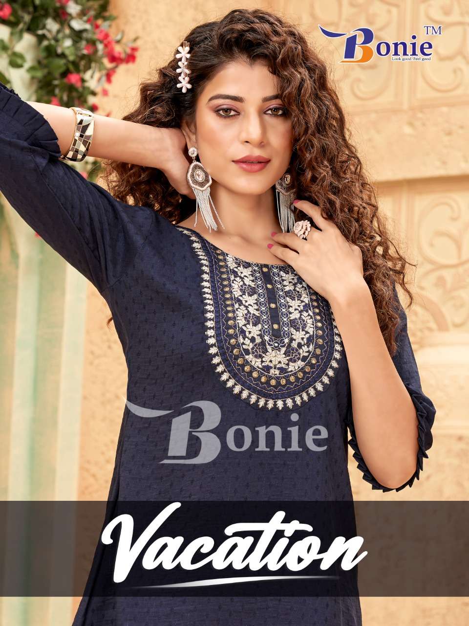 BONIE PRESENT VACATION SILK BASE TOP BOTTOM WITH EMBROIDERY WORK SET