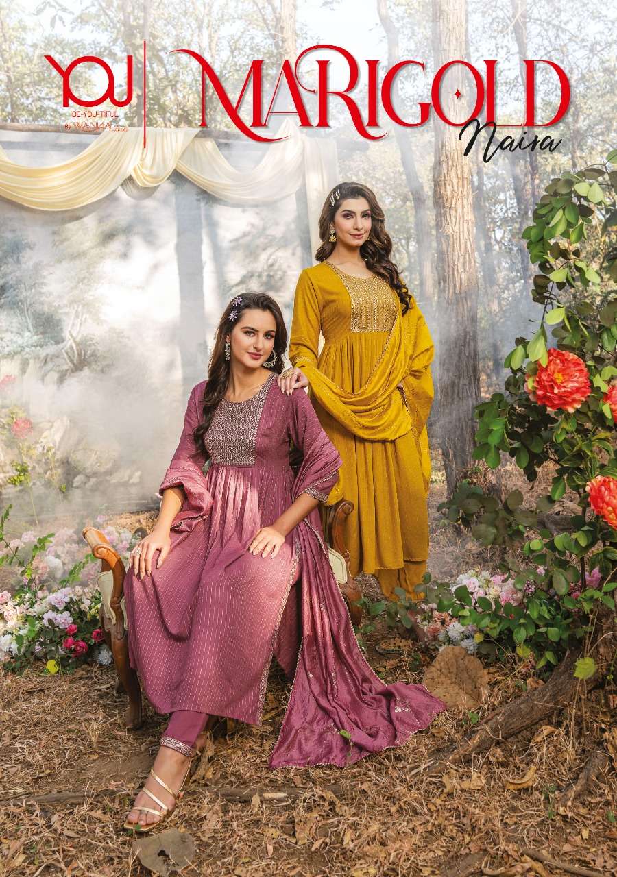 WANNA LAUNCHING NEW CATALOGUE MARIGOLD NAIRA 3PCS CONCEPT NAIRA CUT KURTI PANT WITH DUPATTA SET- WHOLSALE DEALER SURAT