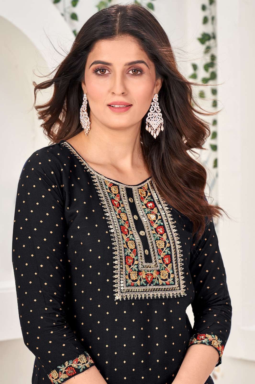 BLACK COLOUR RAYON EMBROIDERY SEQUENCE KURTI 