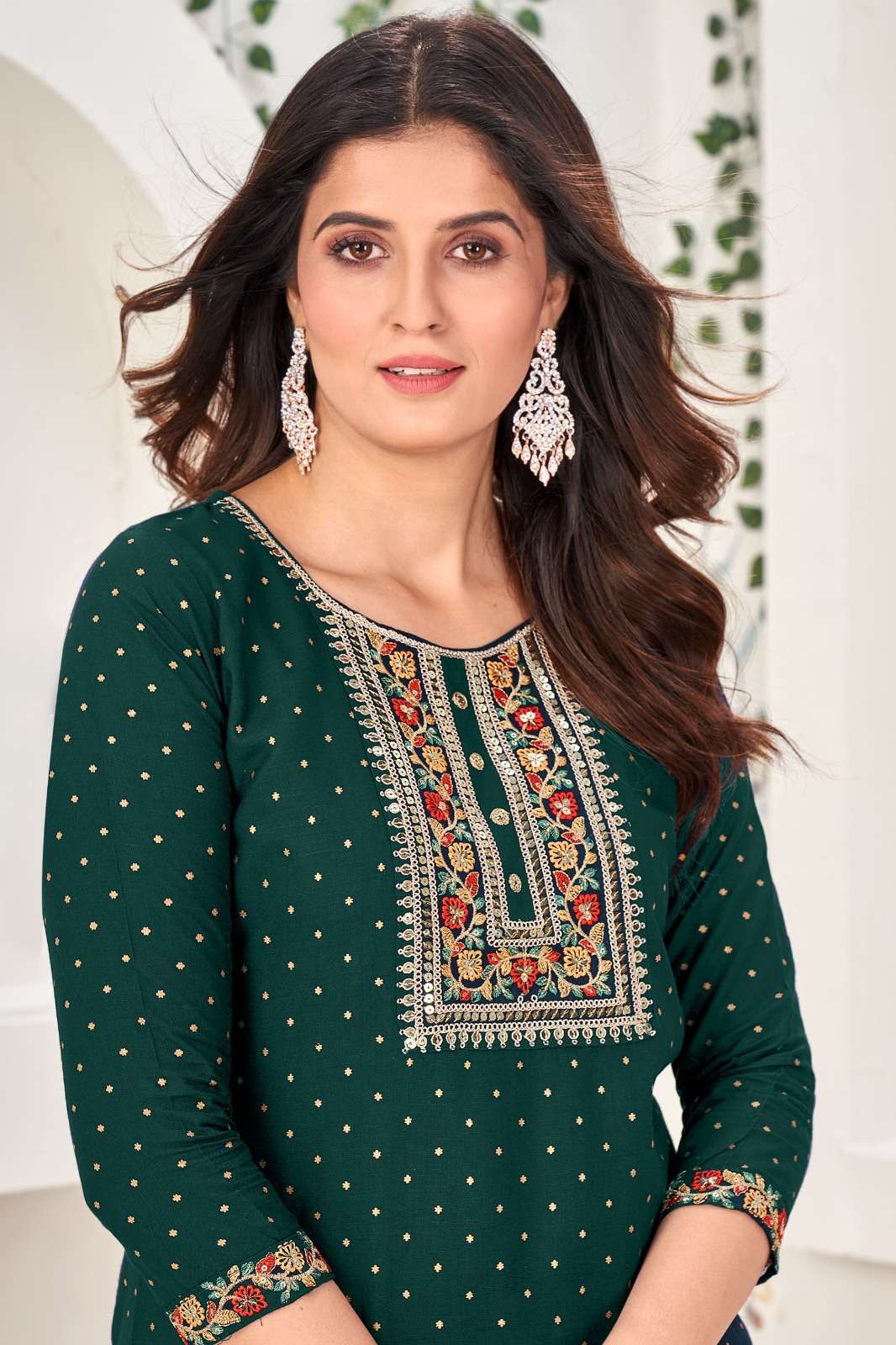 DARK GREEN COLOUR RAYON EMBROIDERY SEQUENCE KURTI 