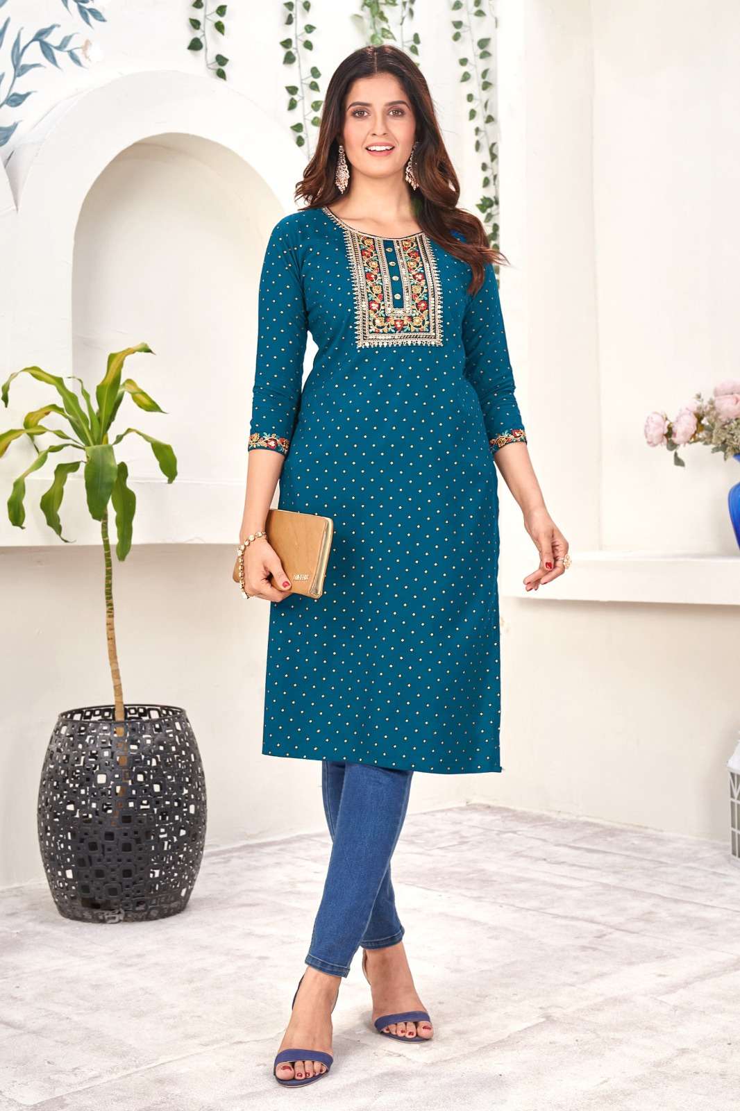 SEA BLUE COLOUR RAYON EMBROIDERY SEQUENCE KURTI 