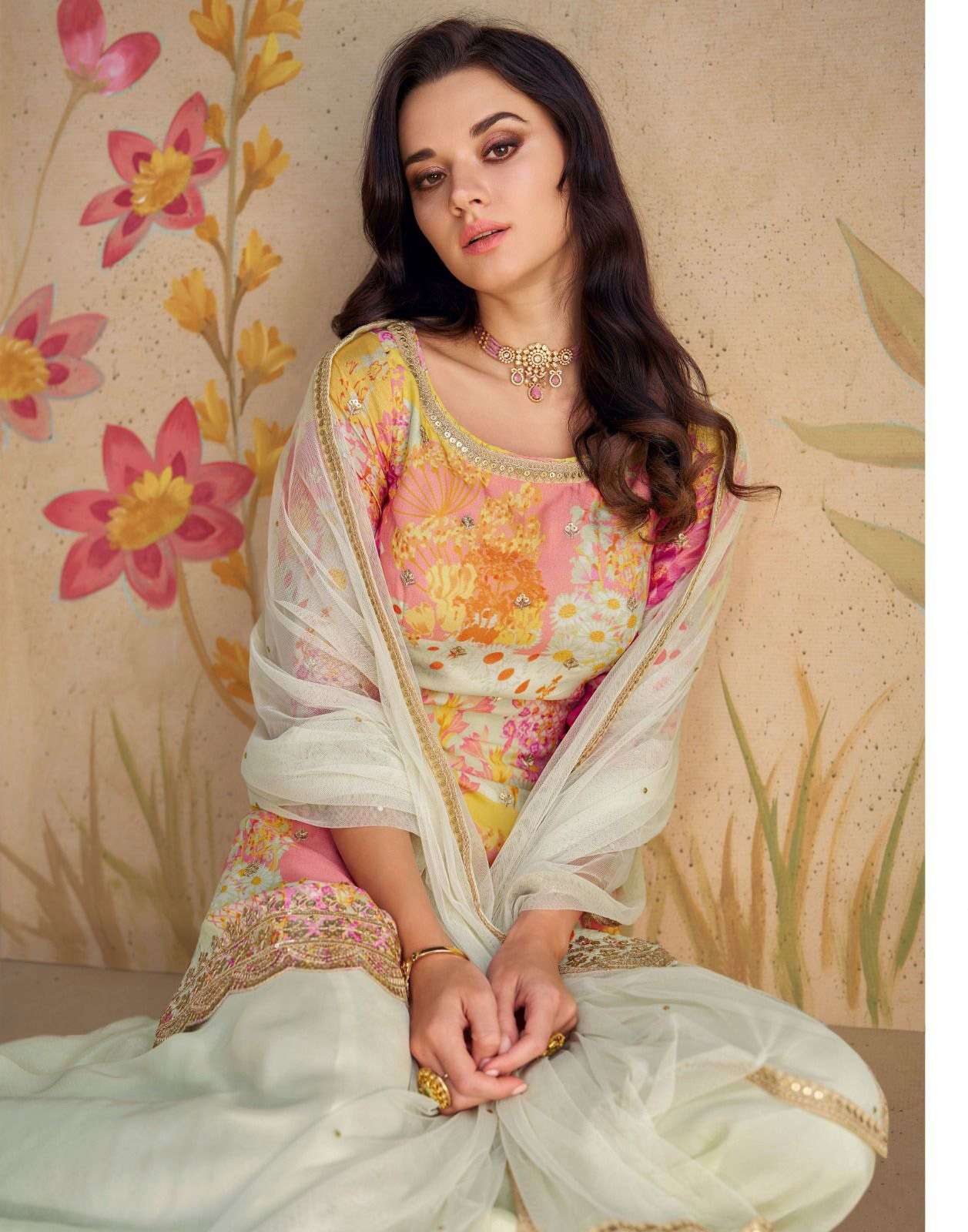 SY-5539 SG REAL CHINON SILK EMBROIDERY KURTI SHARARA & DUPATTA