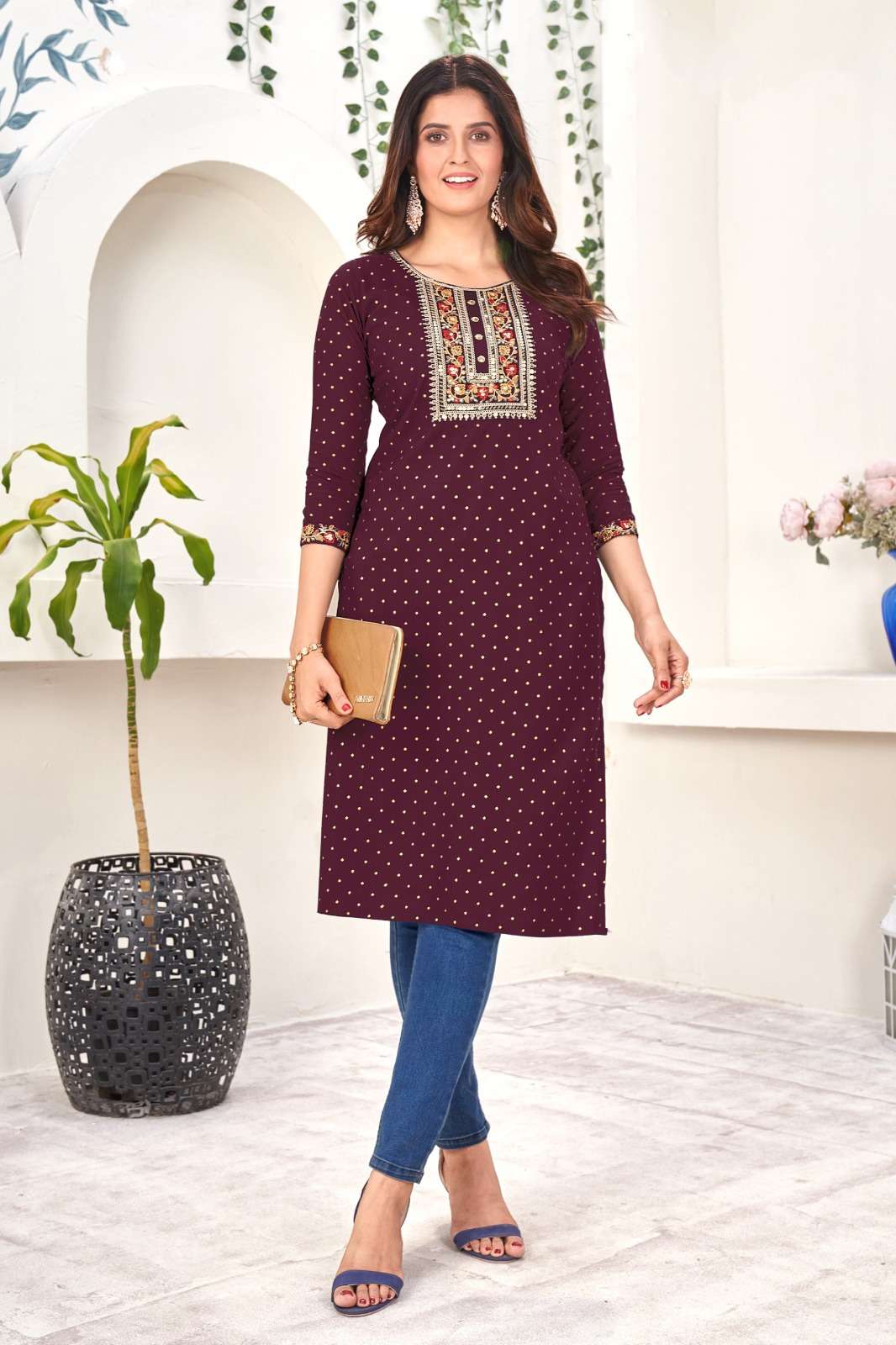 WINE RED COLOUR RAYON EMBROIDERY SEQUENCE KURTI 