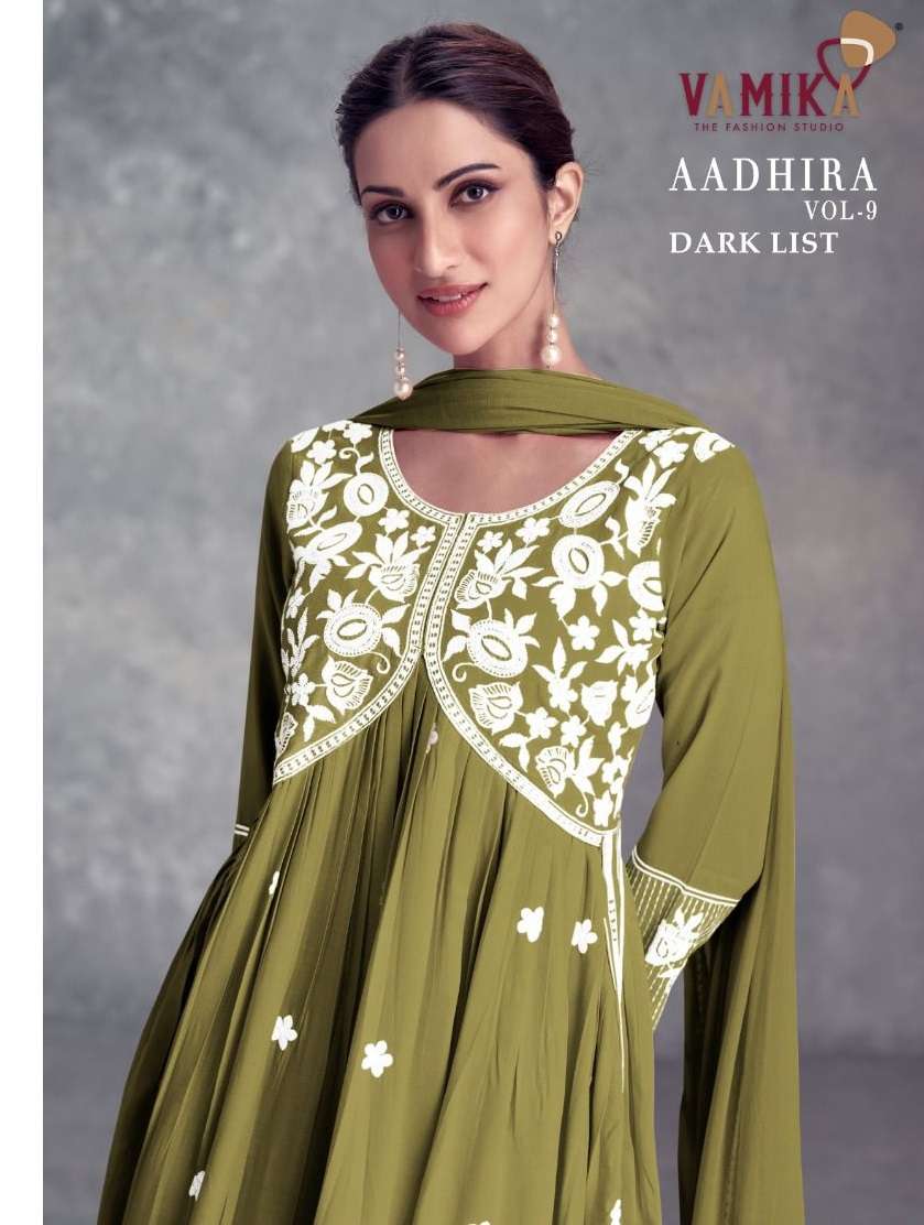 AADHIRA VOL-9 DARK COLOUR BY VAMIKA PURE RAYON FULL STICHED WITH HEAVY LAKHNAVI WORK 