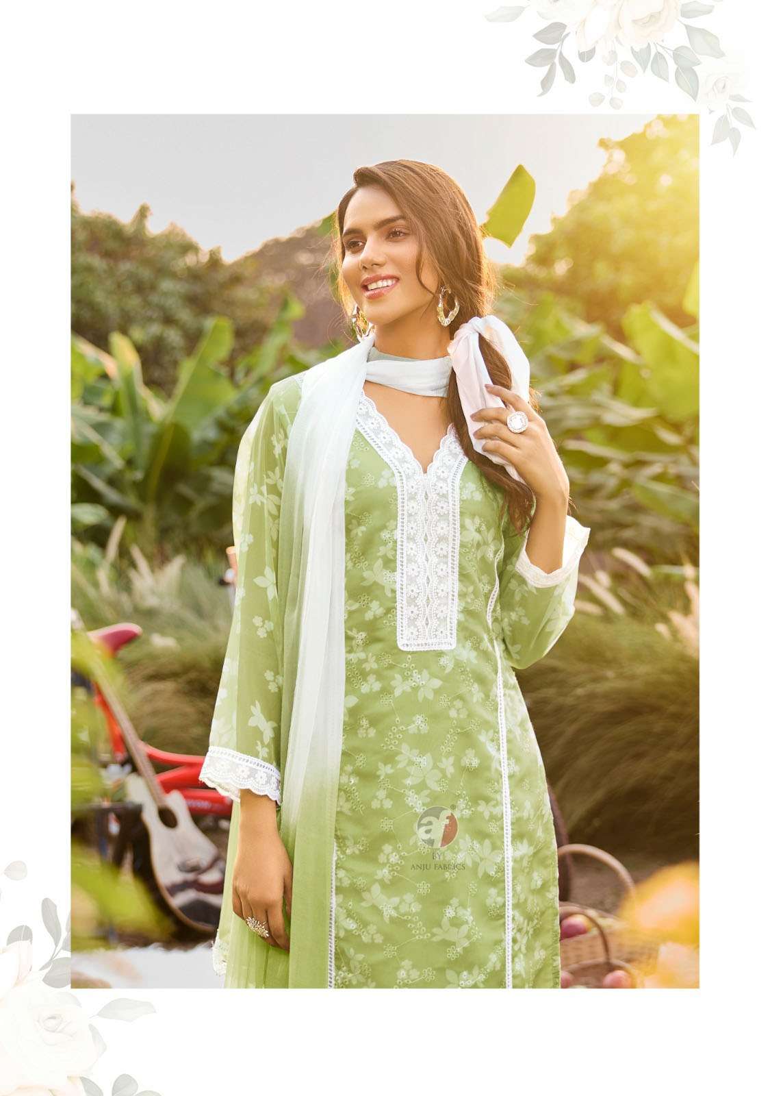 AR-3774 AF PURE ORGANZA SCHIFFLI DESIGNER KURTI PANT WITH DUPATTA 