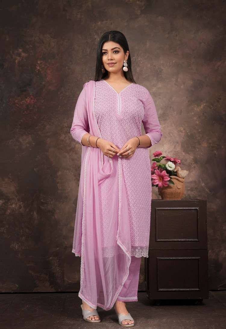 CD-35521TF COTTON HEAVY SCHIFFLI WORK 3 PCS KURTI PANT WITH DUPATTA 