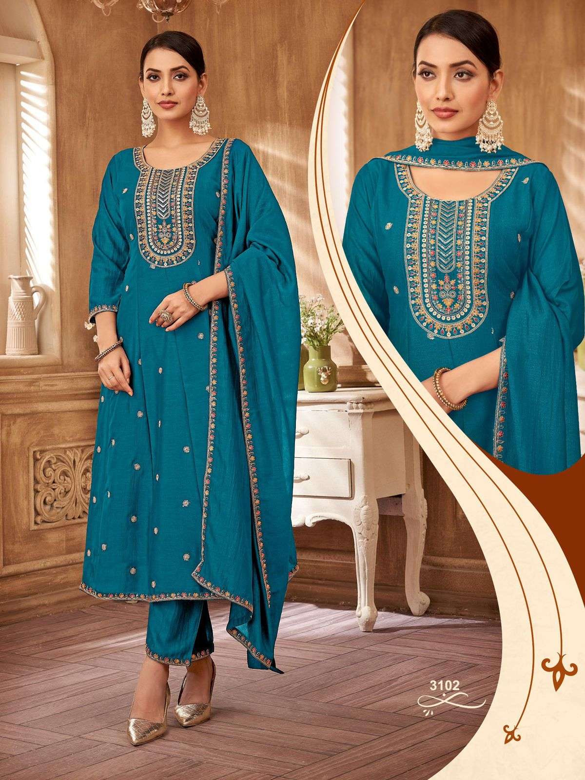 D.NO- 3099 TO 3102 BY LADIES FLAVOUR VICHITRA WITH EMBROIDERY WORK 3 PIECE SET 