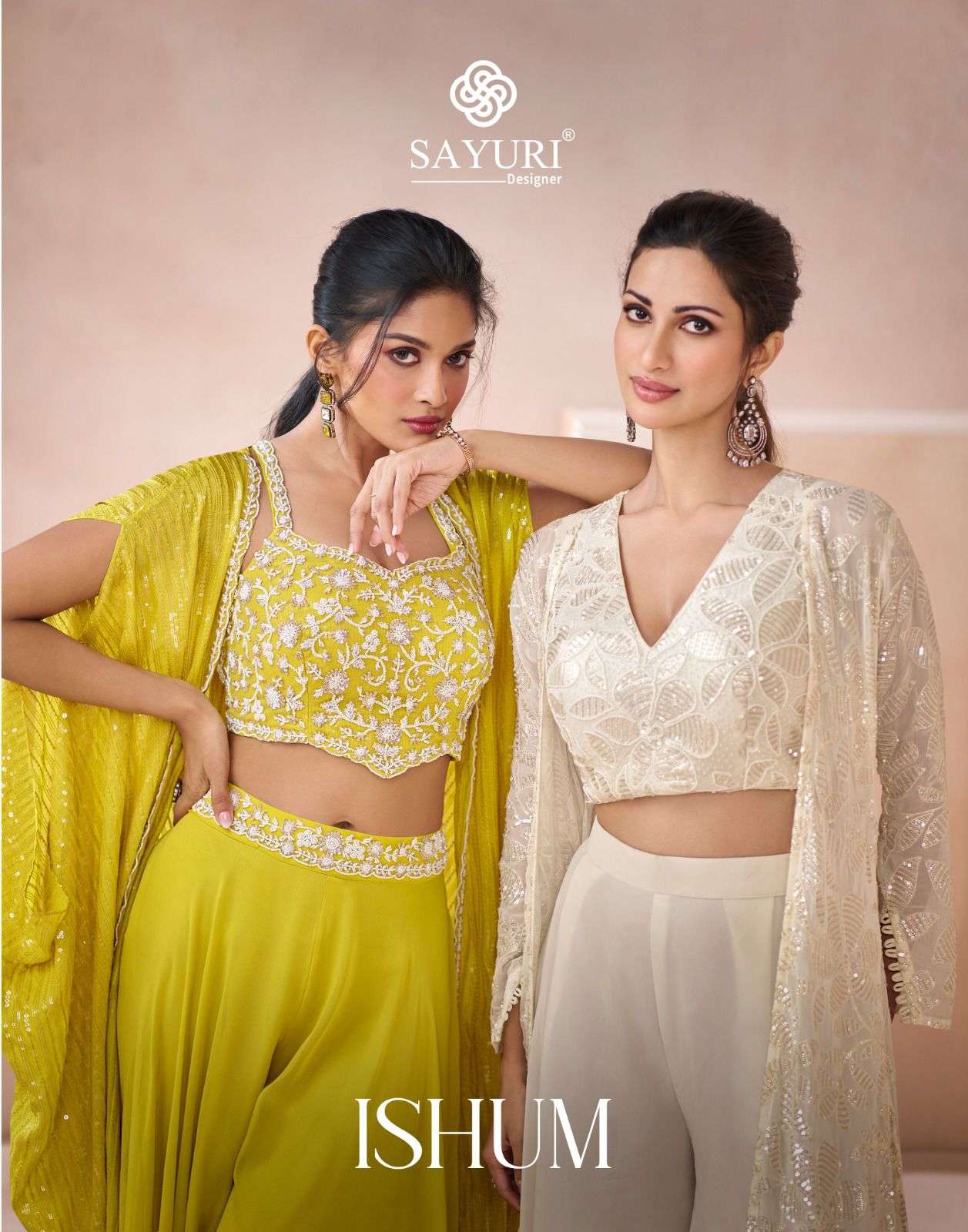 ISHUM BY SAYURI DESIGNER REAL GEORGETTE TOP PLAZO WITH EMBROIDERY SHRUG 