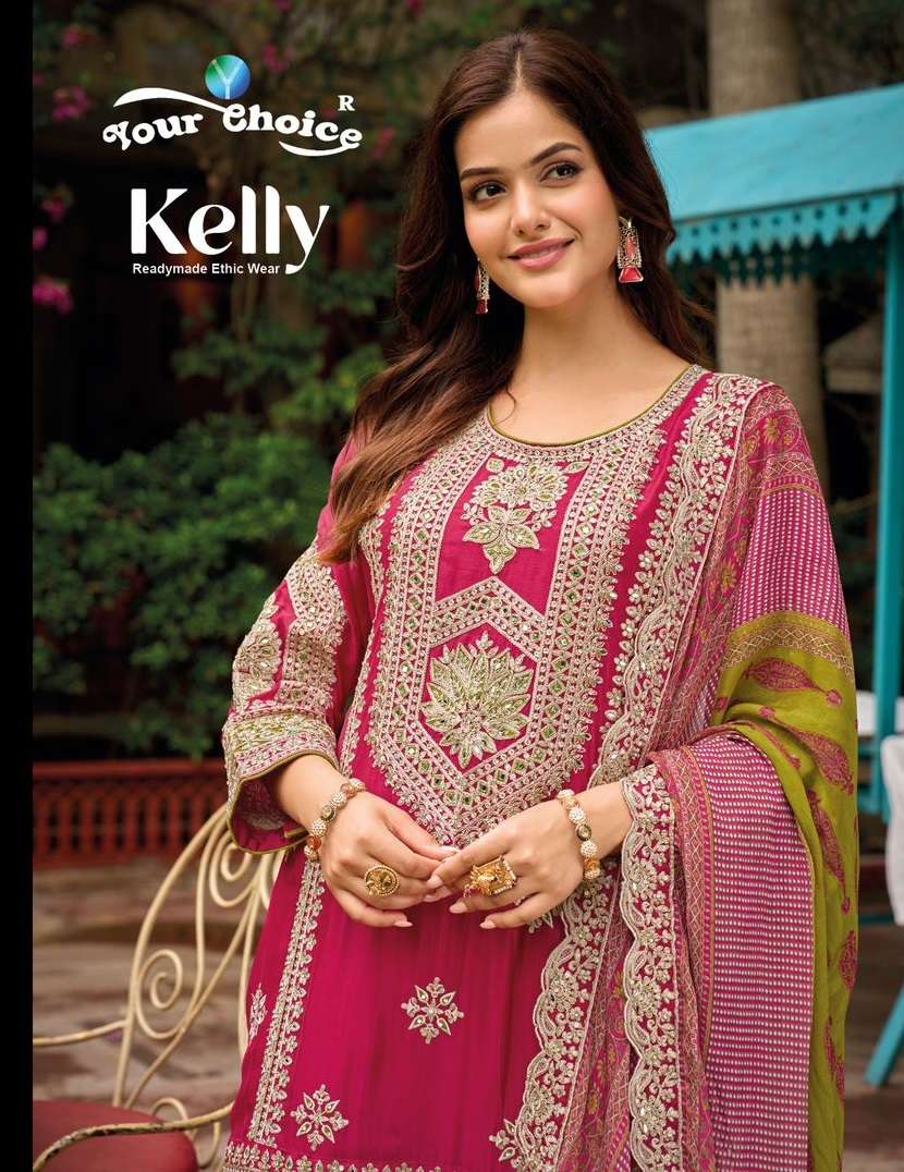 KELLY BY YOUR CHOICE PURE CHINON HEAVY EMBROIDEY KURTI PLAZO WITH DUPATTA 