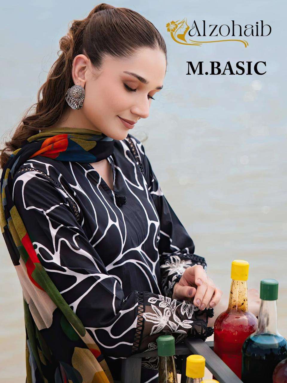 M.BASIC D.NO 1021-1022 BY ALZOHAIB PURE COTTON PRINT WITH EMBROIDERY PATCHES IN PAKISTANI STYLE 