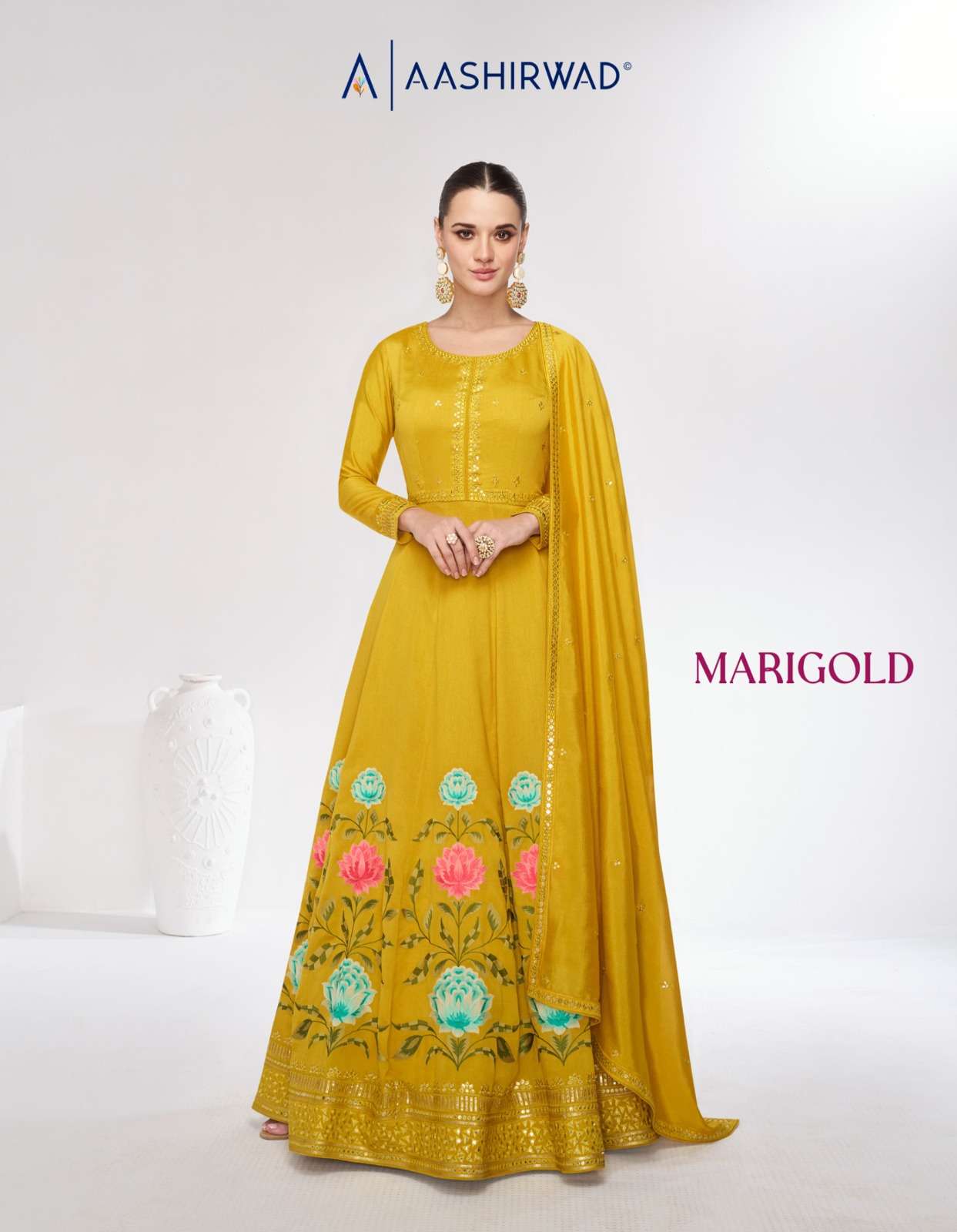 MARIGOLD BY AASHIRWAD CREATION PREMIUM SILK FULL STITCHED ANARKALI WITH DUPATTA 