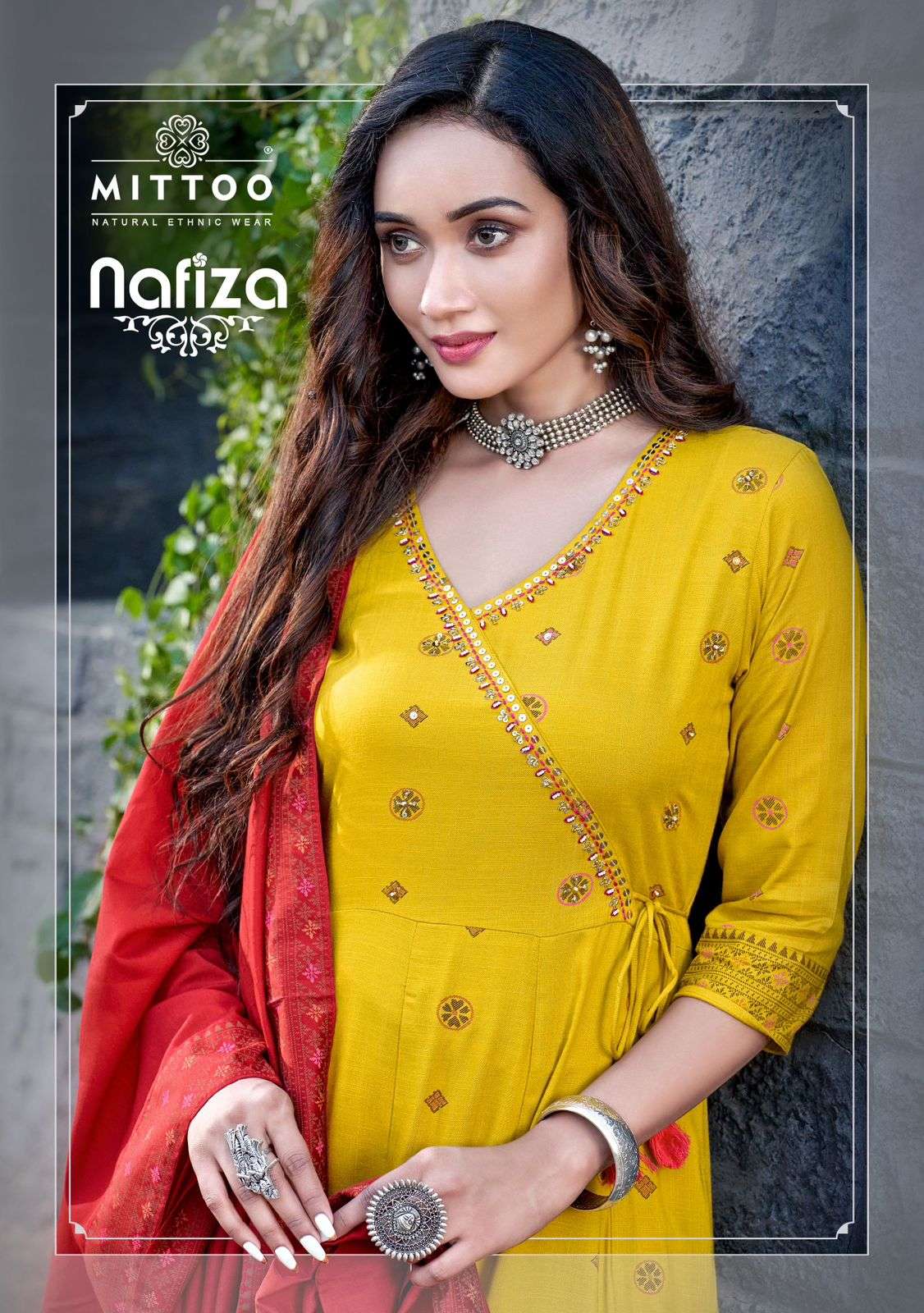 NAFIZA BY MITTOO RAYON SLUB FLORAL KURTI PANT WITH CHANDERI DUPATTA 