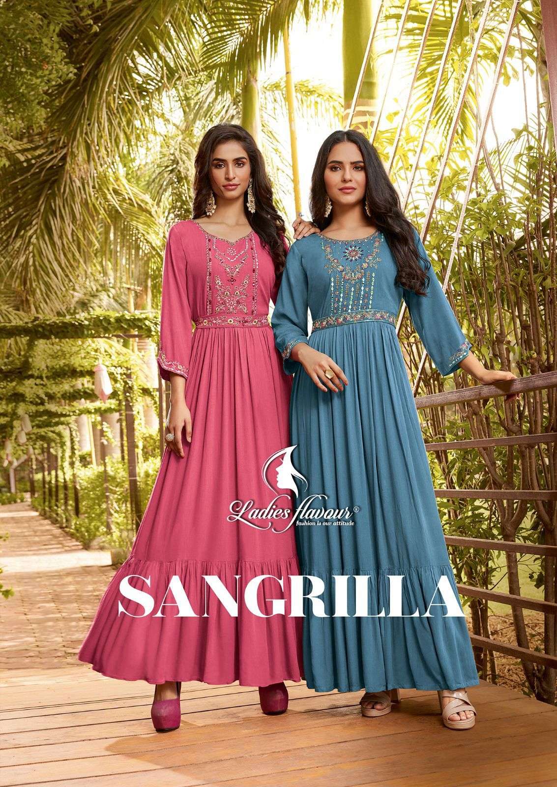 SANGRILLA BY LADIES FLAVOUR HEAVY RAYON EMBROIDERY GOWN WITH BELT 