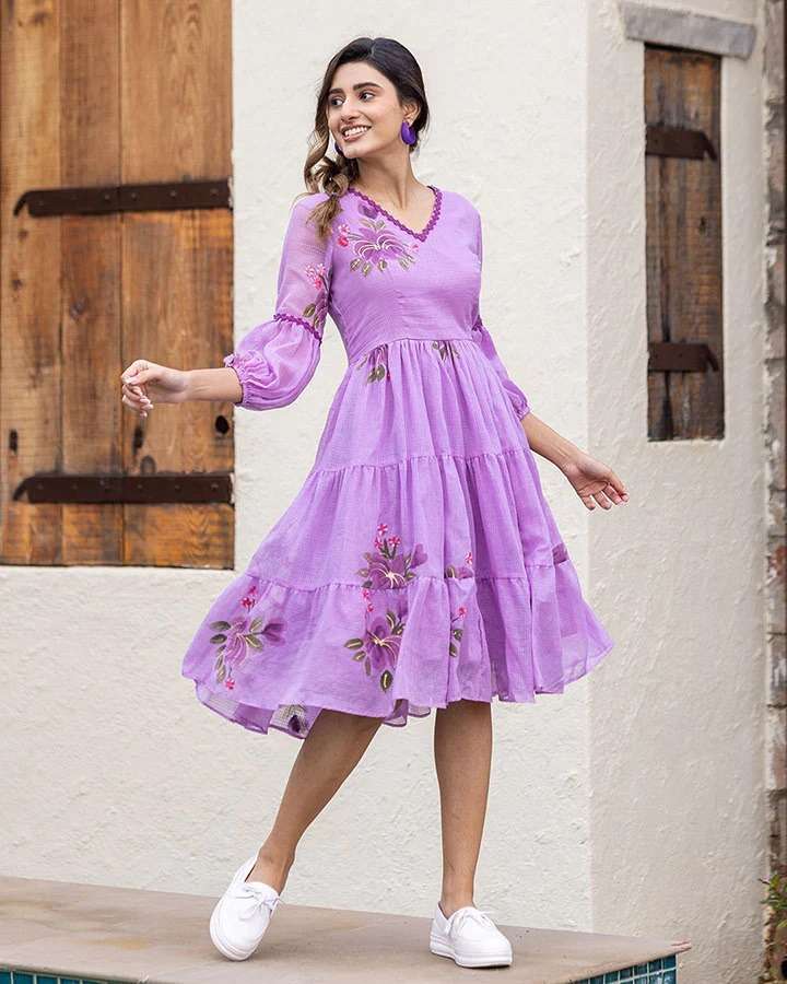 TF-1305 PURPLE COLOUR SHORT LINING KNEE LENGTH DRESS 