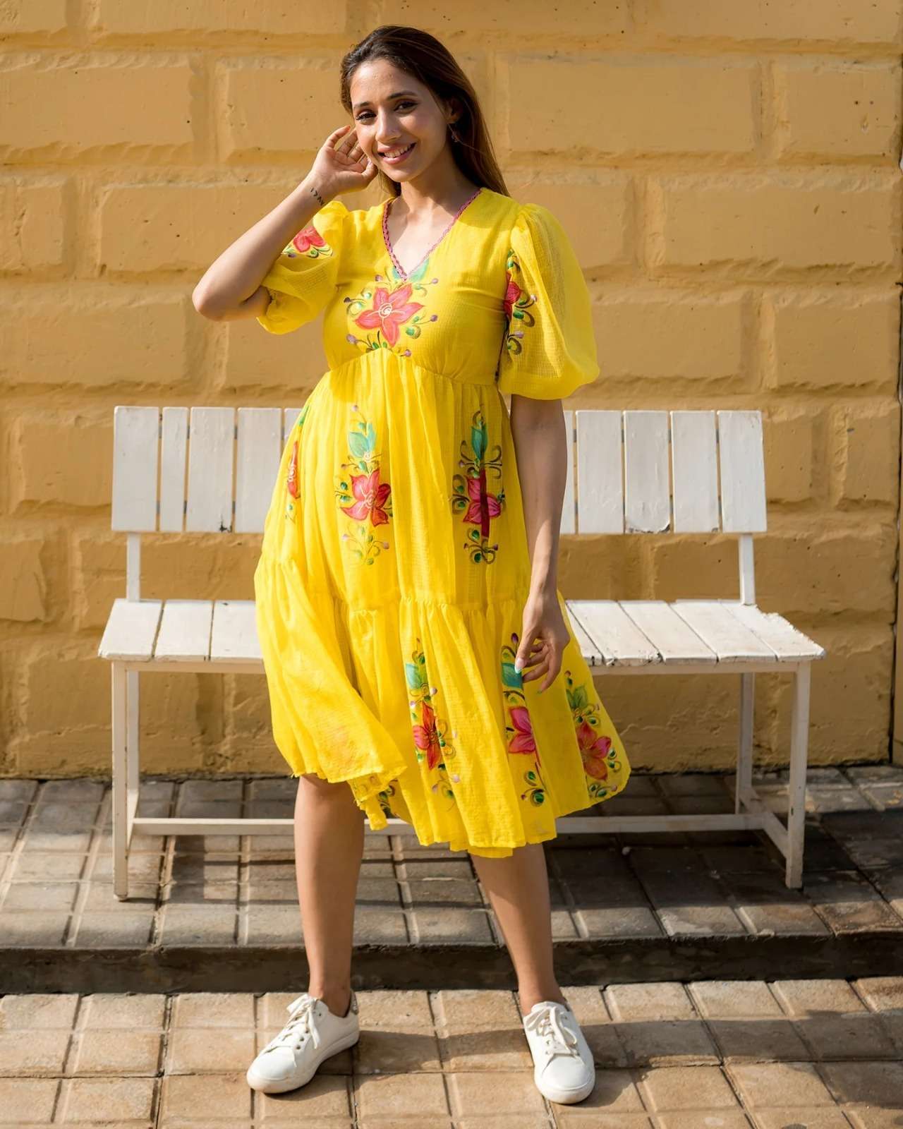 TF-1306 YELLOW COLOUR SHORT LINING KNEE LENGTH DRESS 