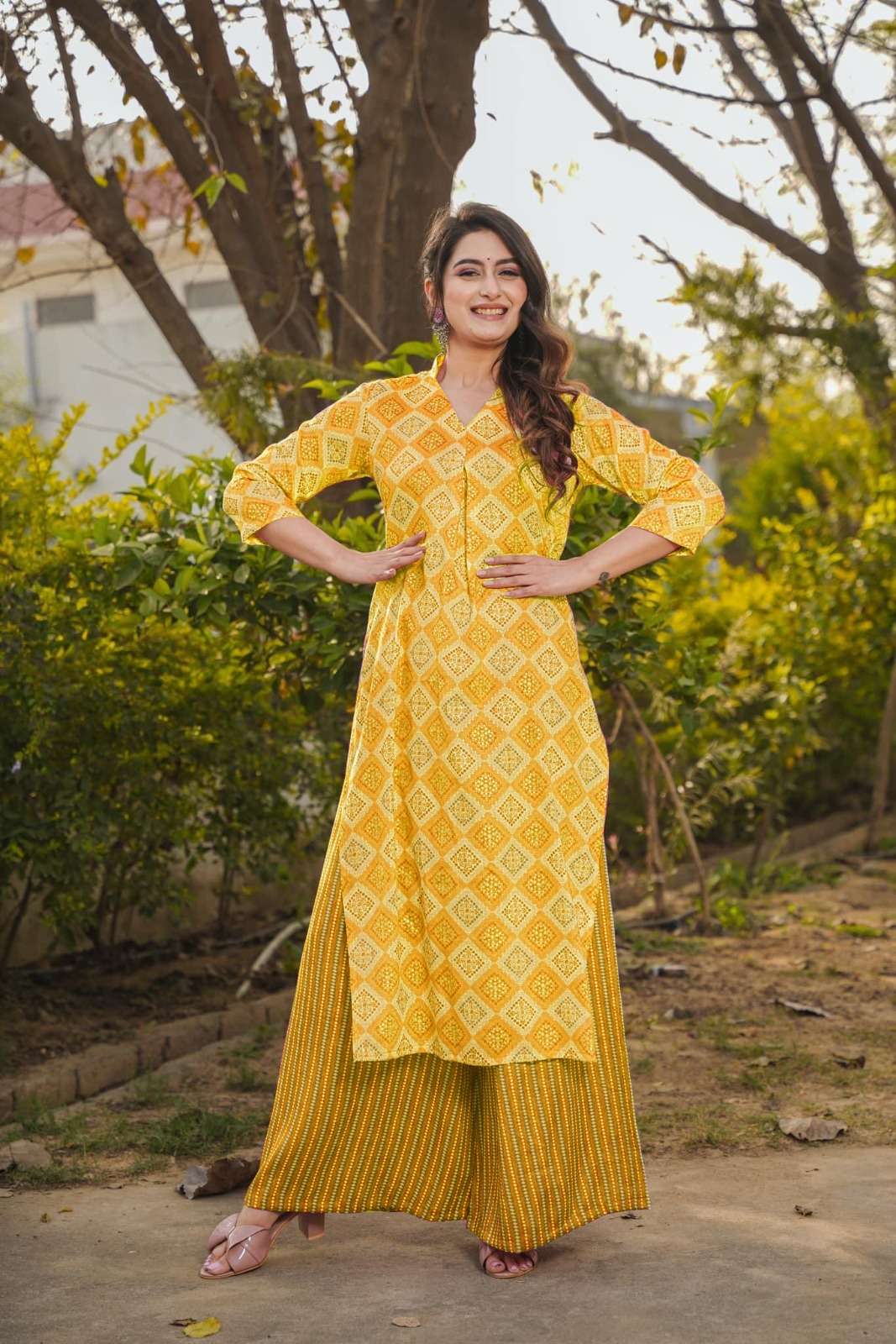 TF-1803 YELLOW COLOUR RAYON HEAVY DIGITAL PRINT KURTI PLAZO WITH FULL INNER 