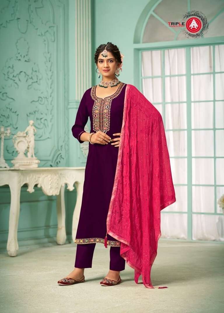 TRIPLE A LAUNCHED LAILA PURE RAYON HEAVY WORK WITH JACQUARD BORDER KURTI PANT & DUPATTA 