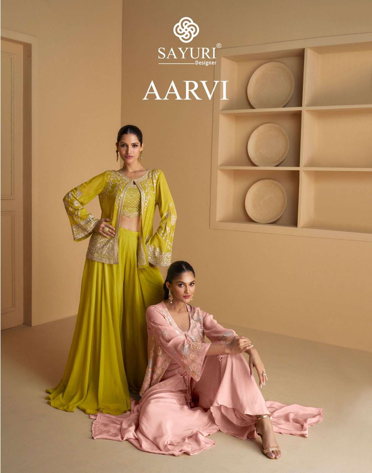 AARVI BY SAYURI DESIGNER REAL GEORGETTE FABRIC HEAVY EMBROIDERY CROP TOP PLAZO WITH DESIGNER JACKET 