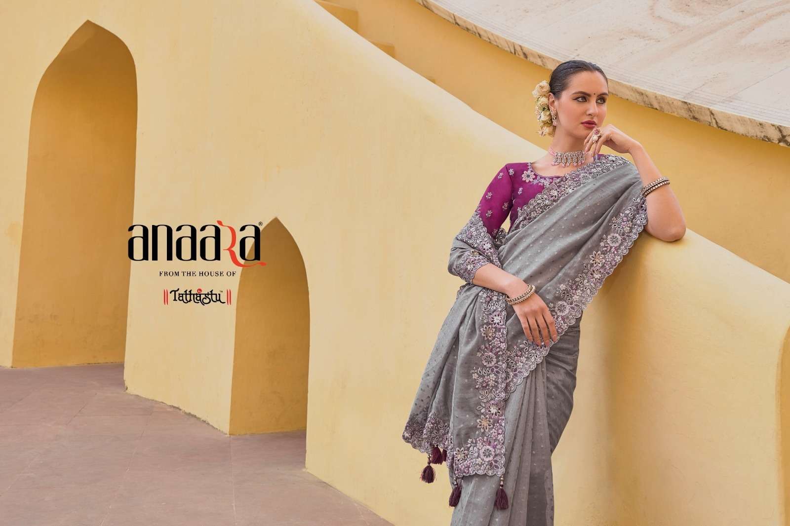 ANAARA BY TATHASTU FANCY ORGANZA SILK EMBROIDERY BUTTI WORK HEAVY BORDER SAREES 