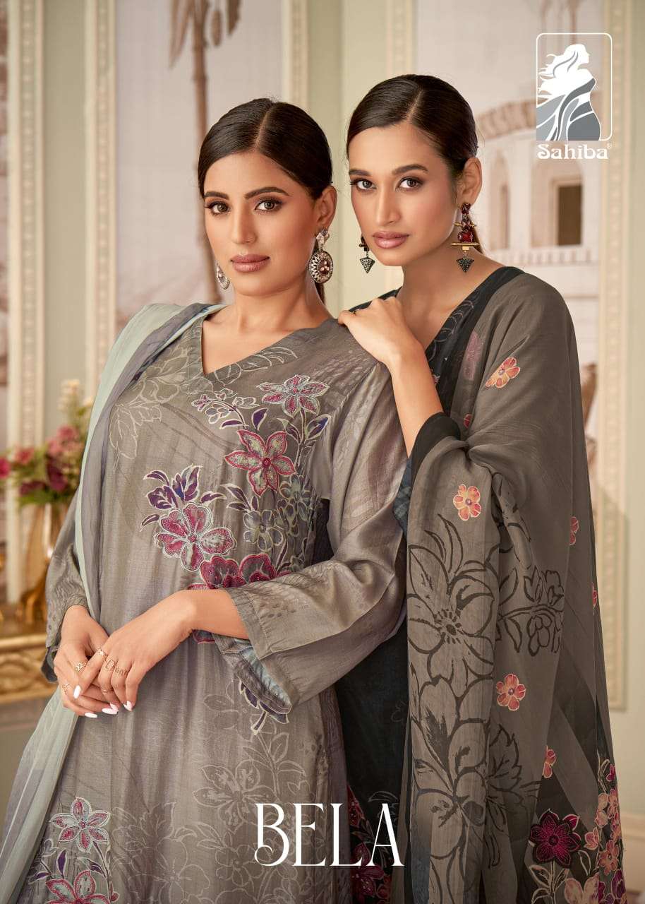 BELA BY SAHIBA MUSLIN SILK DIGITAL PRINT HANDWORK & THREADAL WORK WITH BUTTA PATCH SALWAR SUITS 