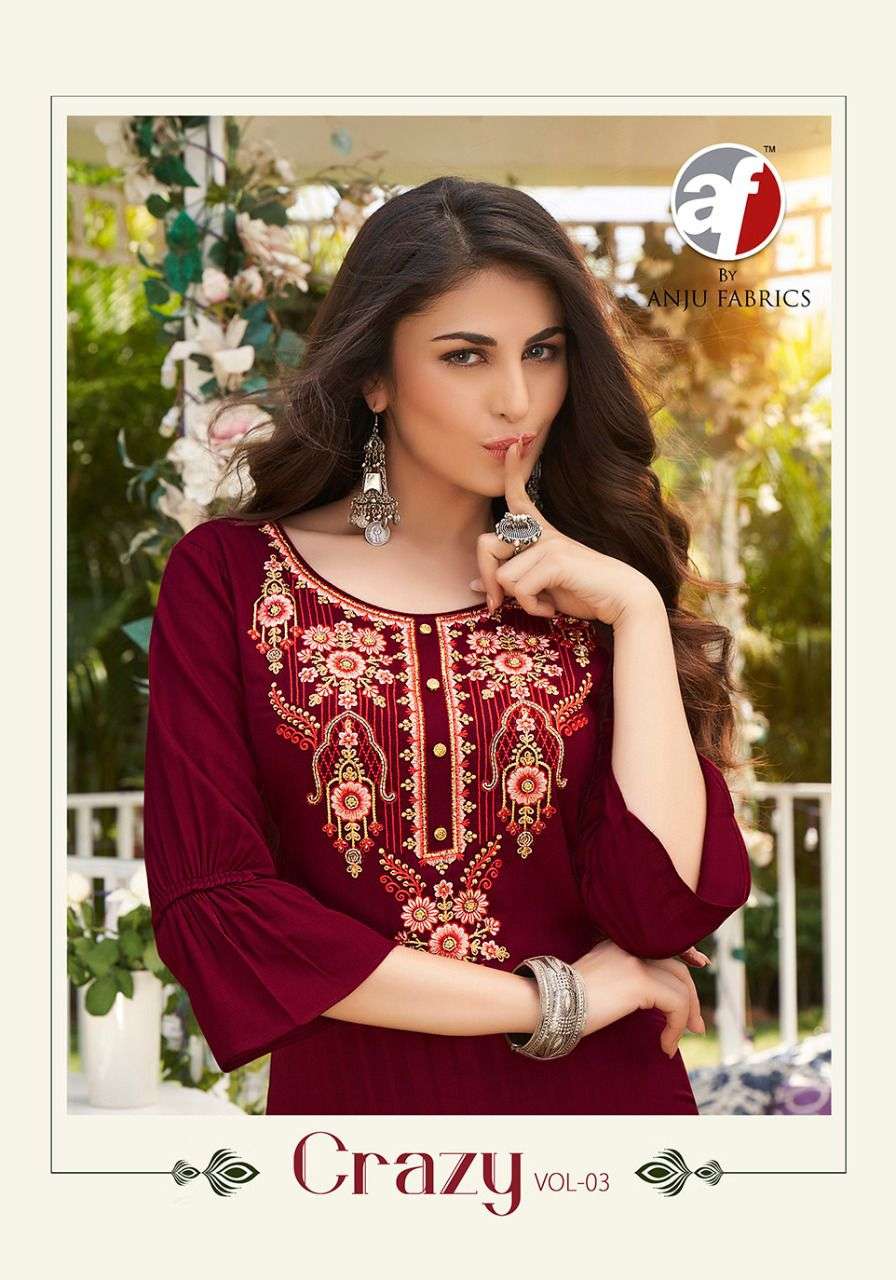 CRAZY VOL-3 BY ANJU FABRICS VISCOSE RAYON EMBROIDERY WITH HANDWORK STYLISH KURTI 