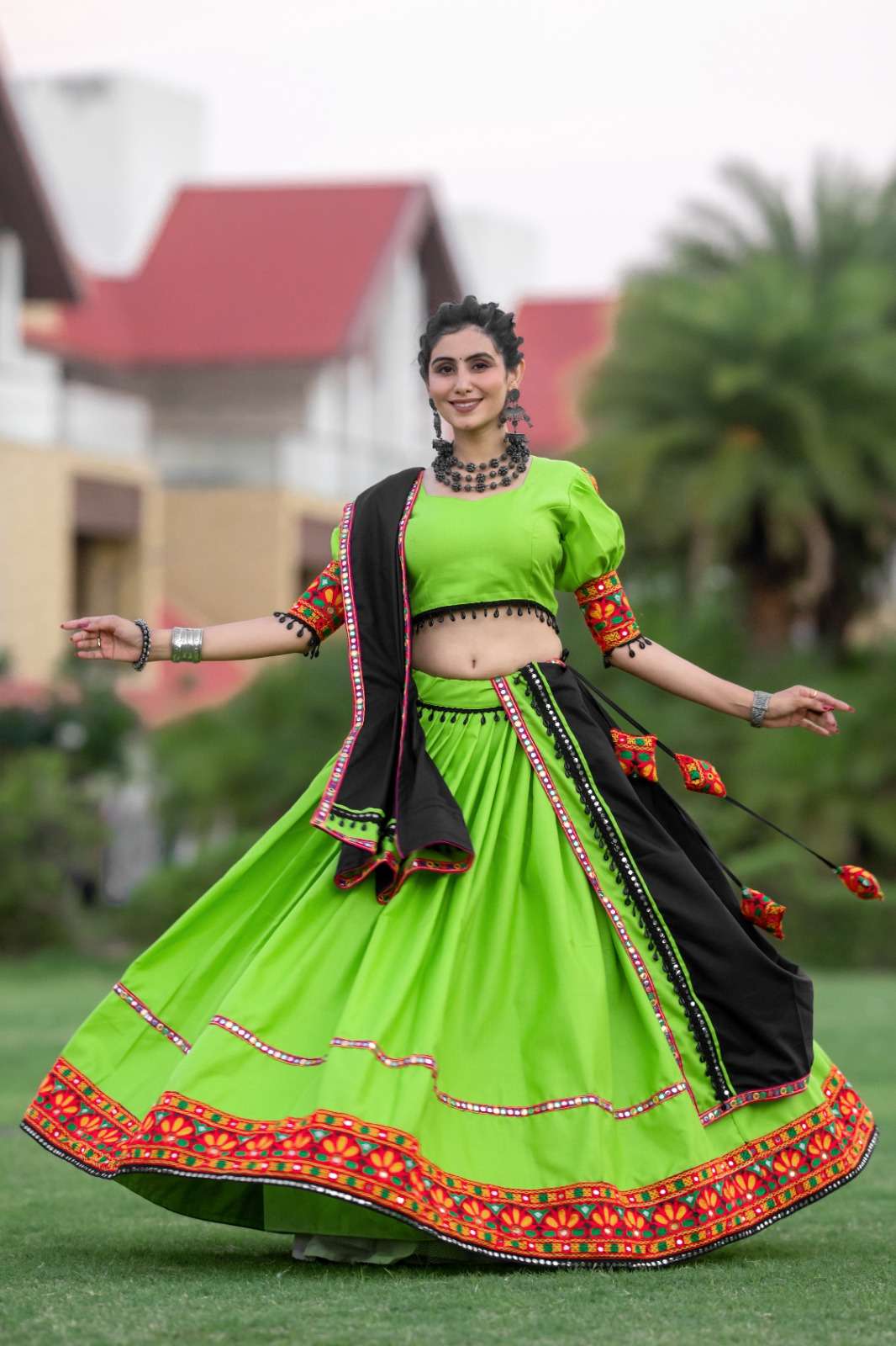 DESIGN NO-7067 BY AAWIYA PARROT GREEN COLOUR NAVRATRI SPECIAL LEHENGA BLOUSE WITH DUPATTA 