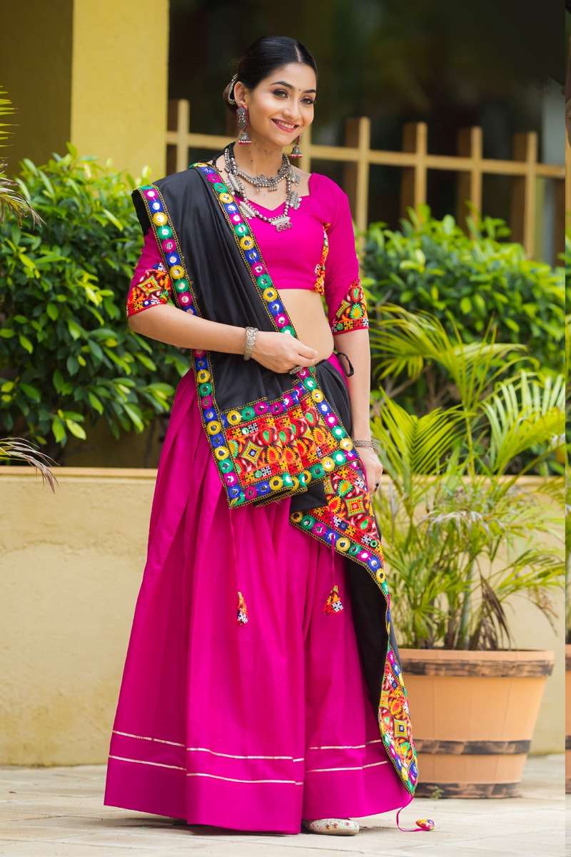 DESIGN NO. 7070 BY AAWIYA PINK COLOUR LEHENGA BLOUSE WITH BLACK COLOUR DUPATTA EMBROIDERY GAMTHI MIRROR WORK 