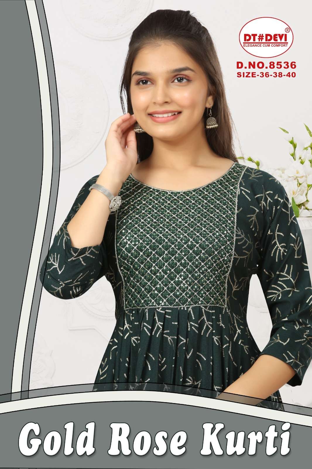 GOLD ROSE KURTI DESIGN NO-8536 BY TEXOFAB RAYON PRINT GOLD ROSE LONG GHERA KURTI 