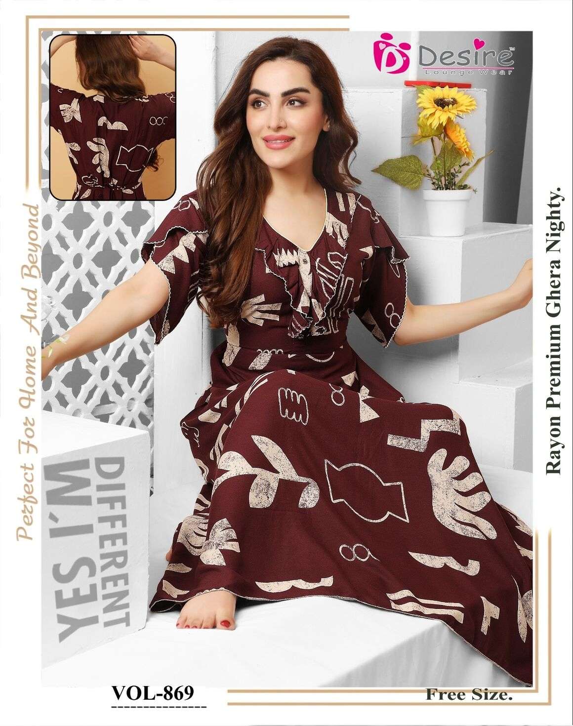 DESIGN NO-869 TO 873 BY DESIRE PREMIUM RAYON NIGHT WEAR GHERA NIGHTY 