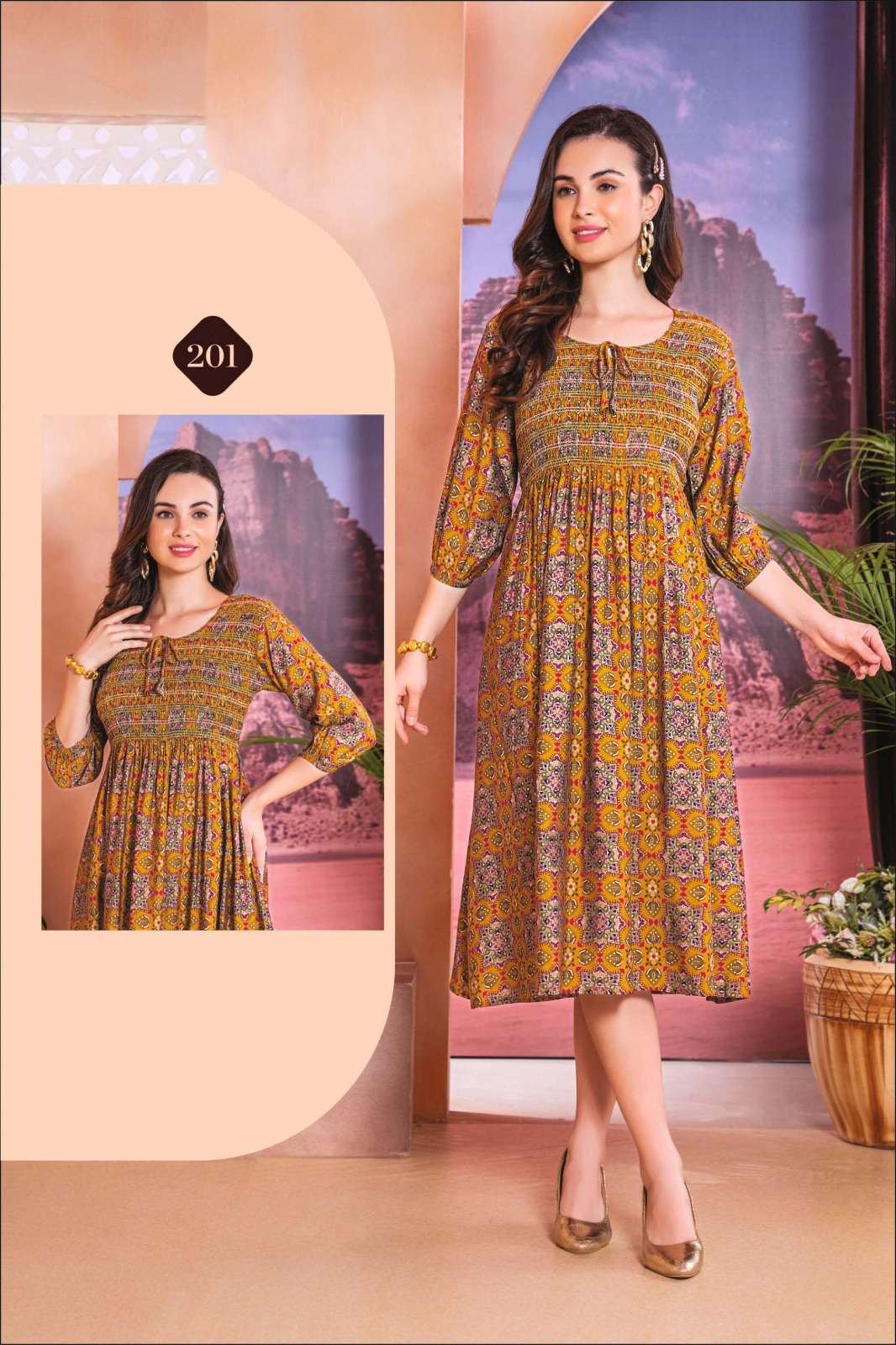 ISHQIYA VOL-2 DESIGN NO- 201 BY KAYA KURTI CHANDERI FOIL PRINT KNEE LENGTH STYLISH TUNICS  