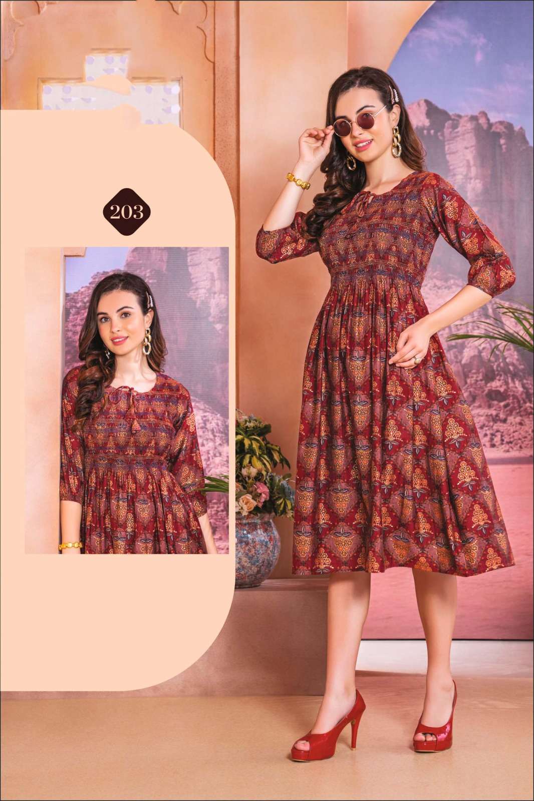 ISHQIYA VOL-2 DESIGN NO- 203 BY KAYA KURTI CHANDERI FOIL PRINT KNEE LENGTH STYLISH TUNICS  