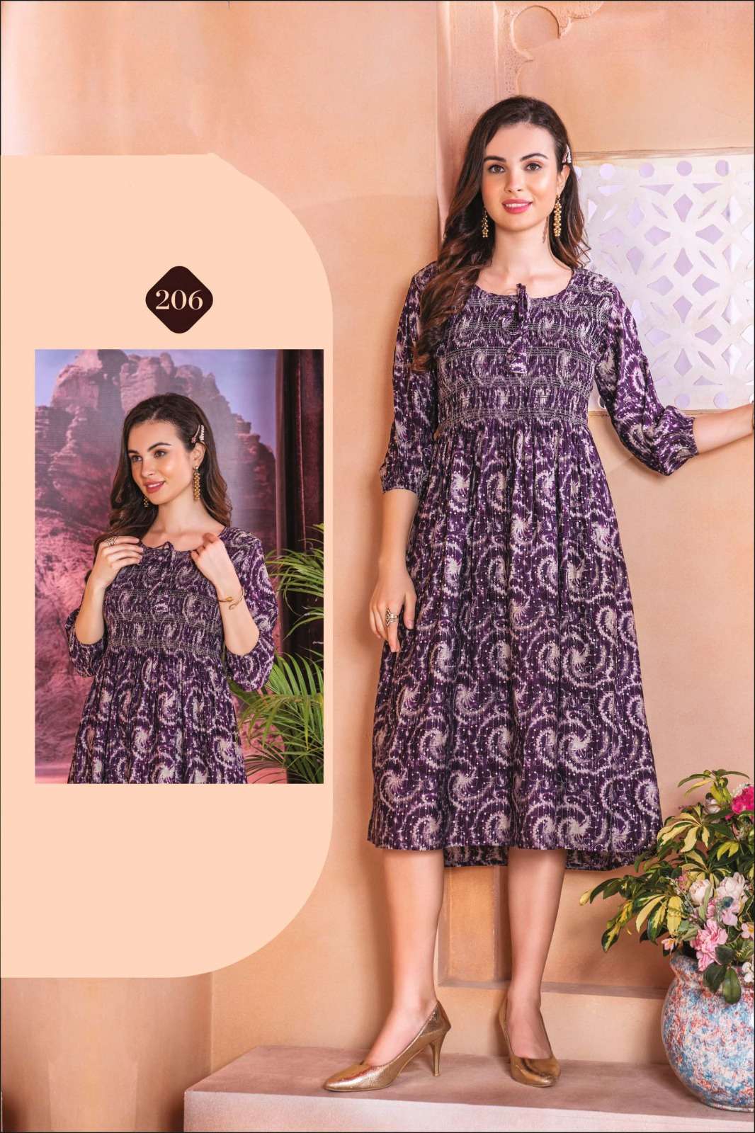 ISHQIYA VOL-2 DESIGN NO- 206 BY KAYA KURTI CHANDERI FOIL PRINT KNEE LENGTH STYLISH TUNICS  