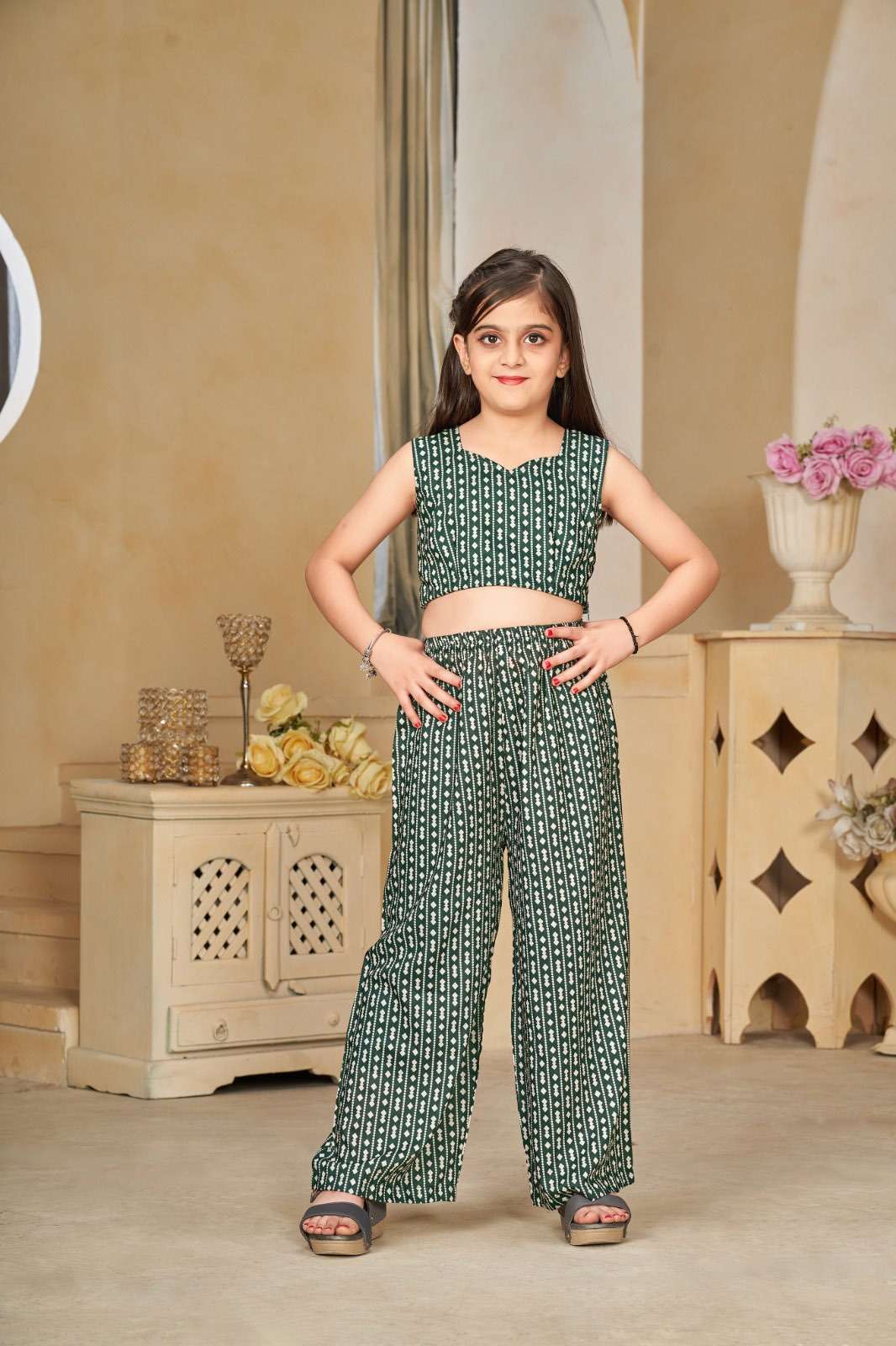 KIDS WEAR DESIGN NO-6001 DEEP GREEN COLOUR BY TEXOFAB HEAVY DIGITAL PRINTED CROP TOP PLAZO WITH DUPATTA 