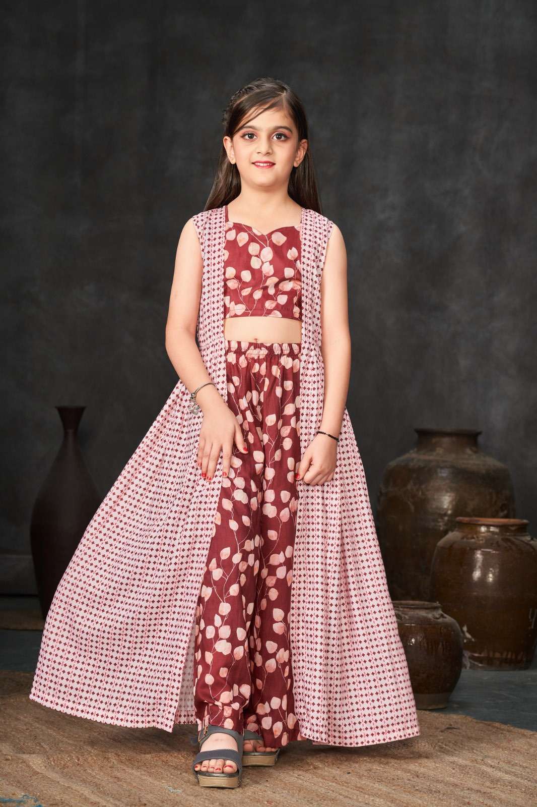 KIDS WEAR DESIGN NO-6002 BROWN COLOUR BY TEXOFAB HEAVY DIGITAL PRINTED CROP TOP PLAZO WITH DUPATTA 