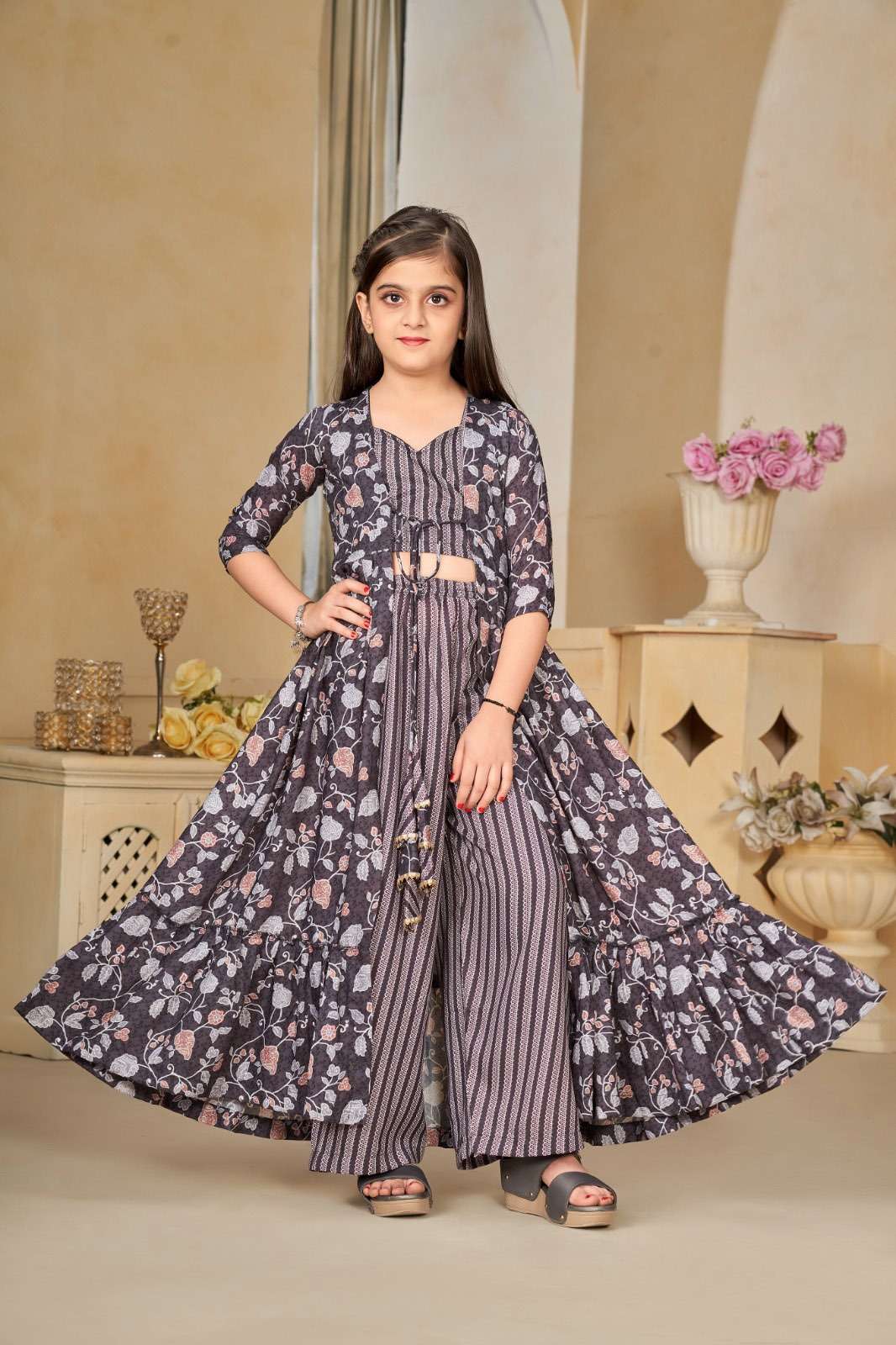 KIDS WEAR DESIGN NO-6003 DUSTY GREY COLOUR BY TEXOFAB HEAVY DIGITAL PRINTED CROP TOP PLAZO WITH DUPATTA 