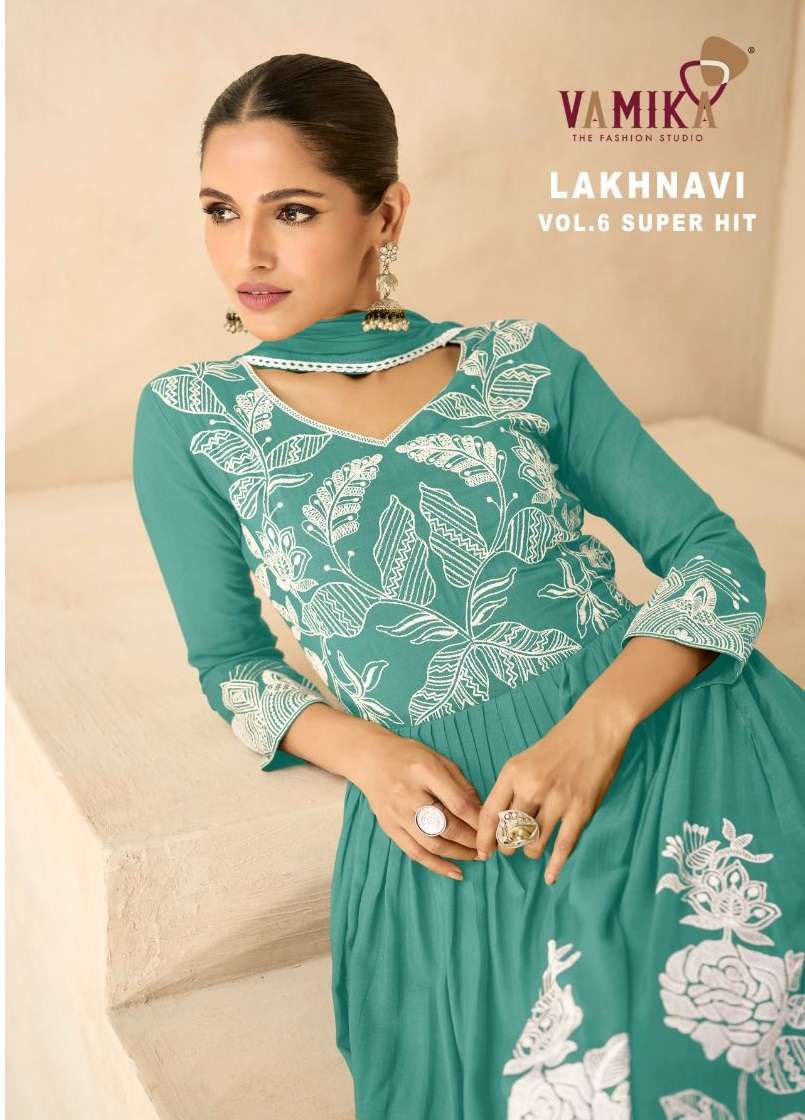 LAKHNAVI VOL-6 SUPER HIT BY VAMIKA HEAVY RAYON EMBROIDERY KURTI PLAZO DUPATTA WITH WHITE THREAD WORK 