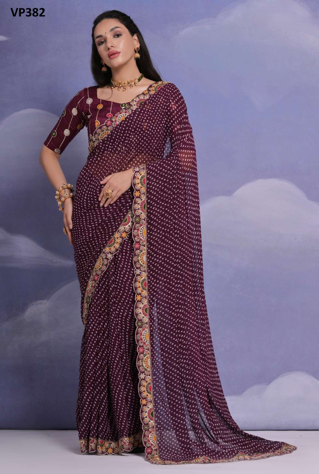 LEELA BY FASHION BERRY GEORGETTE FABRIC BEAUTIFUL BANDHEJ PRINT SAREES 