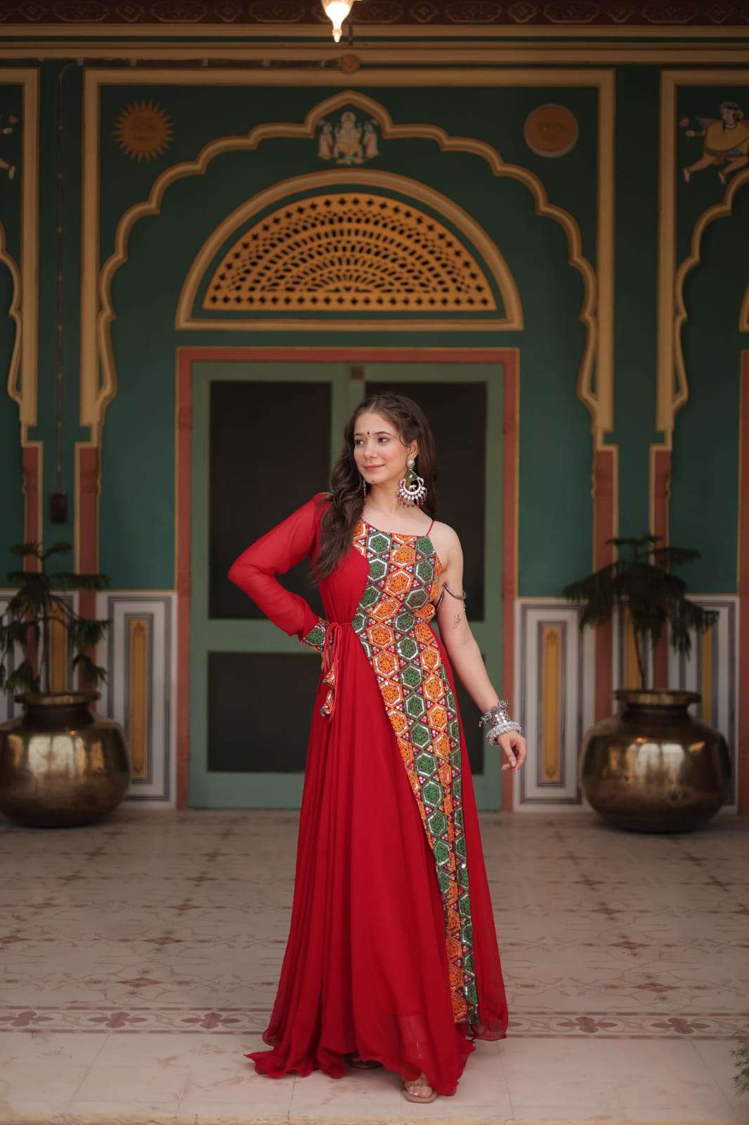 NAVRATRI COLLECTION 2024 BY TEXOFAB RED COLOURED GAMTHI WORK PARTY WEAR GOWN  