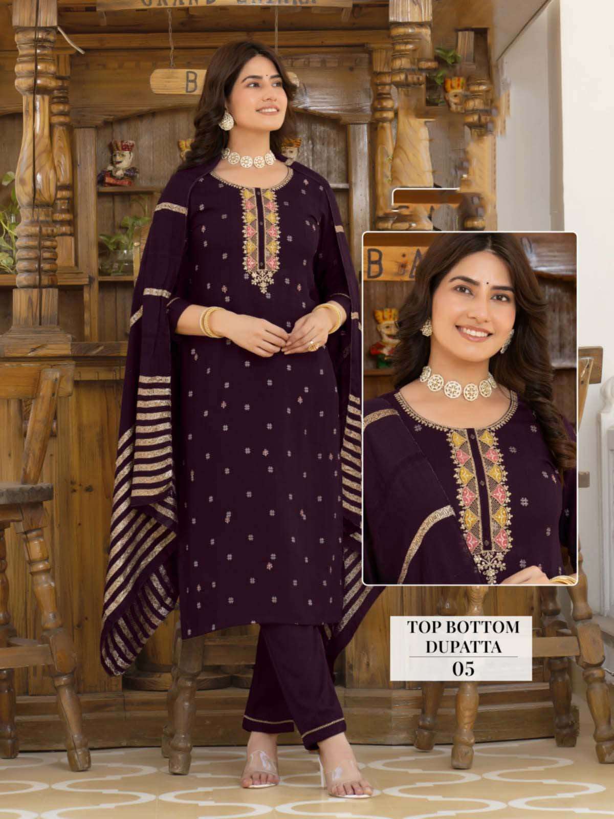 NEERA DESIGN NO-05 BY KAYA KURTI RAYON FABRIC 3 PIECE CONCEPT STRAIGHT CUT WITH ONE SIDE POCKET  