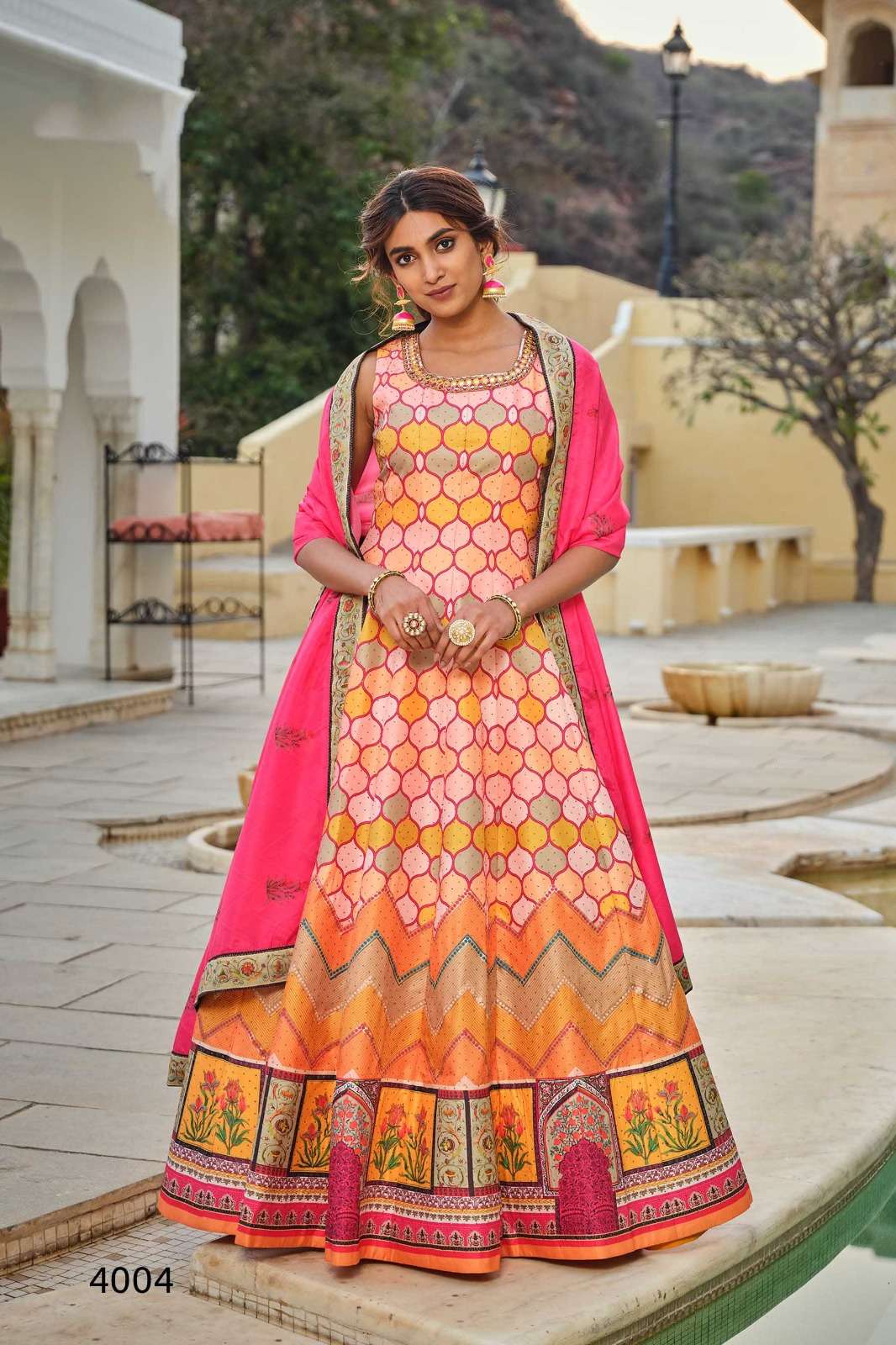 PESHWAI DESIGN NO-4004 BY VIRASAT FLOWER PRINT DESIGNER NECK LINE ANARKALI GOWN WITH DUPATTA 