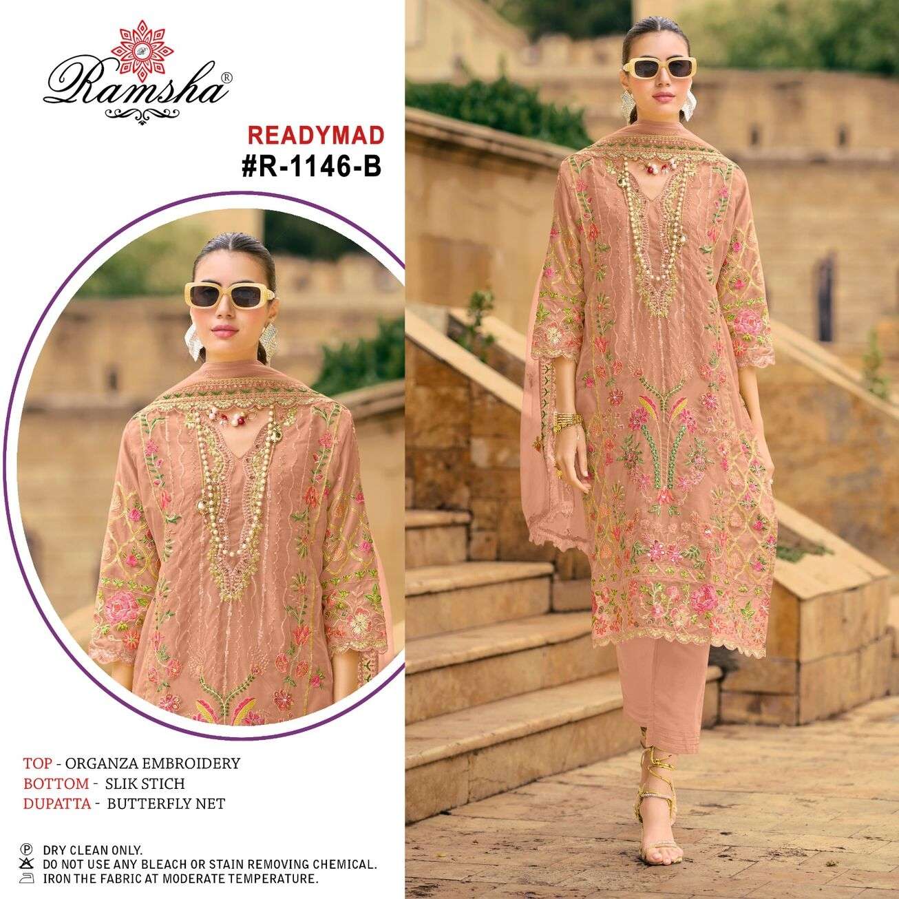 R-1146 NX BY RAMSHA ORGANZA EMBROIDERY KURTI SILK STITCH PANT WITH NET EMBROIDERY DUPATTA 