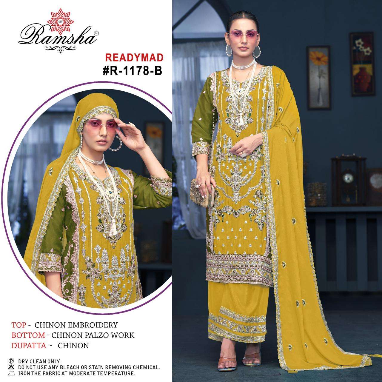 R-1178NX BY RAMSHA CHINON EMBROIDERY KURTI WITH CHINON PLAZO WORK WITH STYLISH DUPATTA 