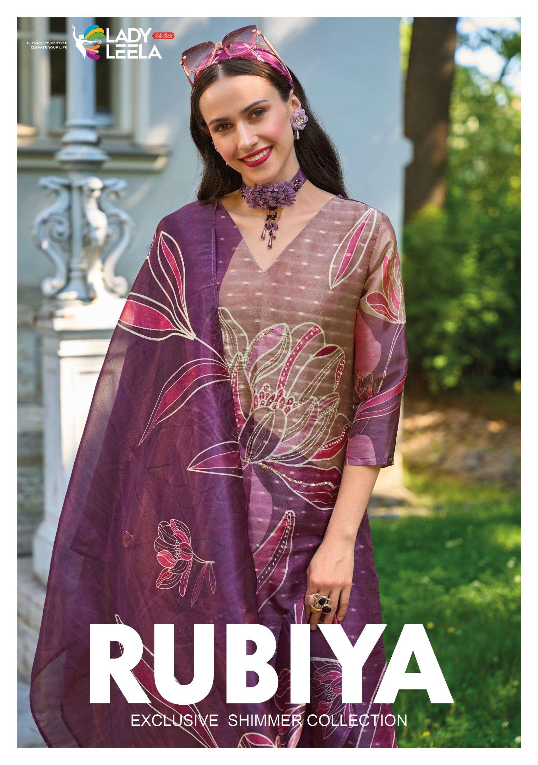 RUBIYA BY LADY LEELA JACQUARD SHIMMER DIGITAL PRINT KURTI PANT WITH HANDWORK INNER & DUPATTA 