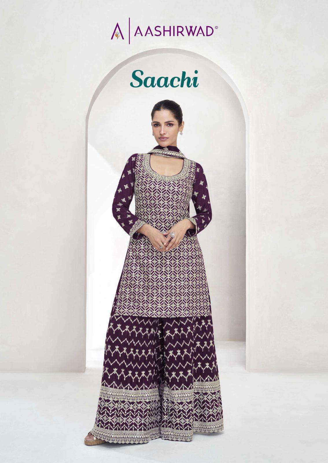 SAACHI BY AASHIRWAD CREATION PREMIUM CHINON SILK HEAVY EMBROIDERY KURTI PLAZO WITH DUPATTA 