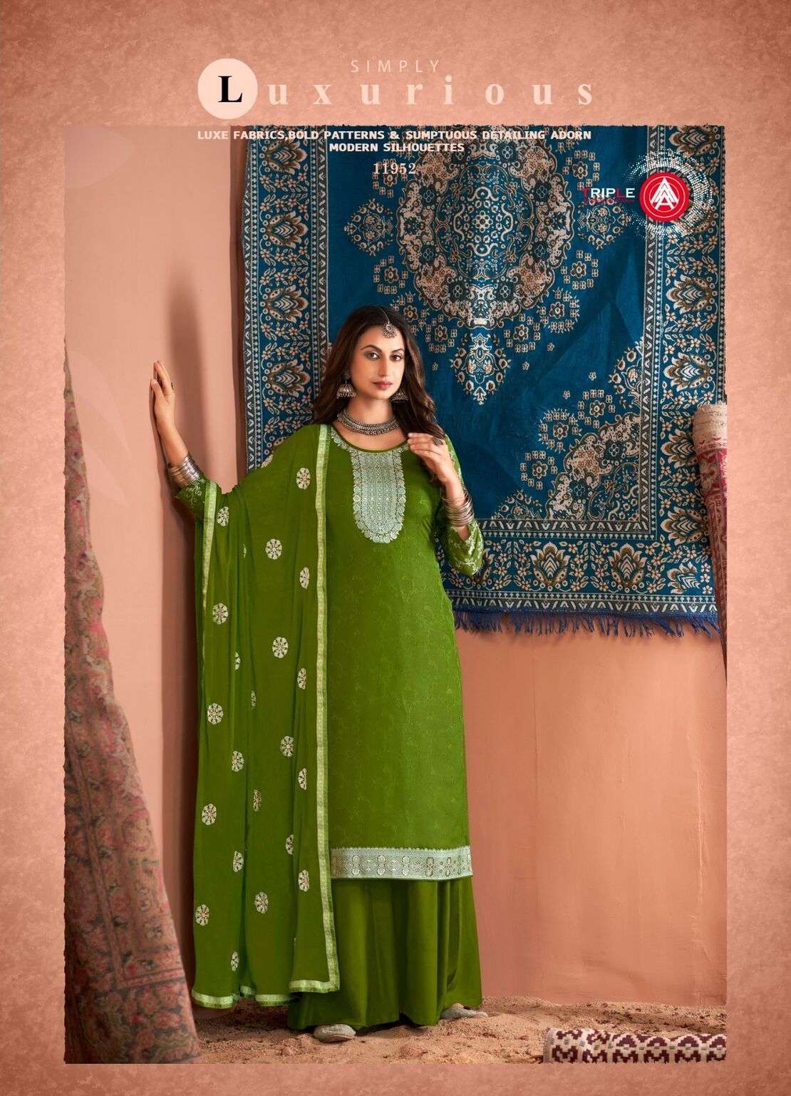 TULIP VOL-9 BY TRIPLE A VISCOSE MUSLIN LAKHNAVI SELF WORK KURTI PLAZO WITH DUPATTA 