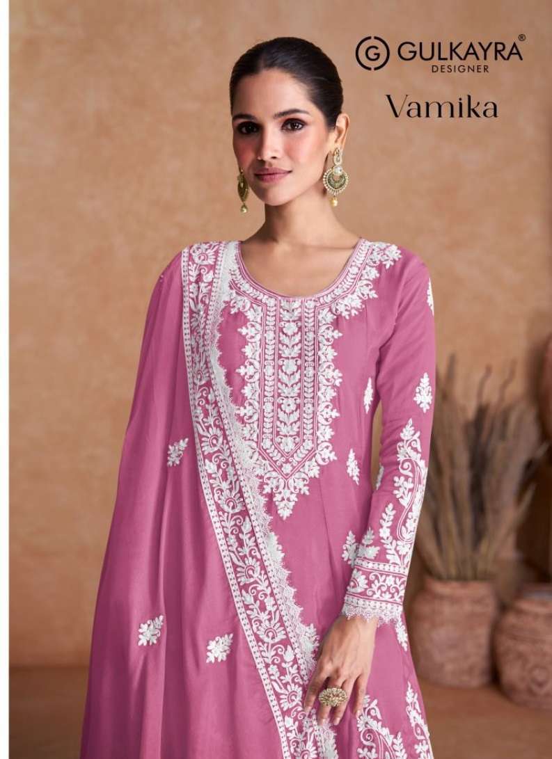 VAMIKA NEW COLOUR BY GULKAYRA DESIGNER REAL CHINON HEAVY EMBROIDERY KURTI PLAZO WITH DUPATTA 