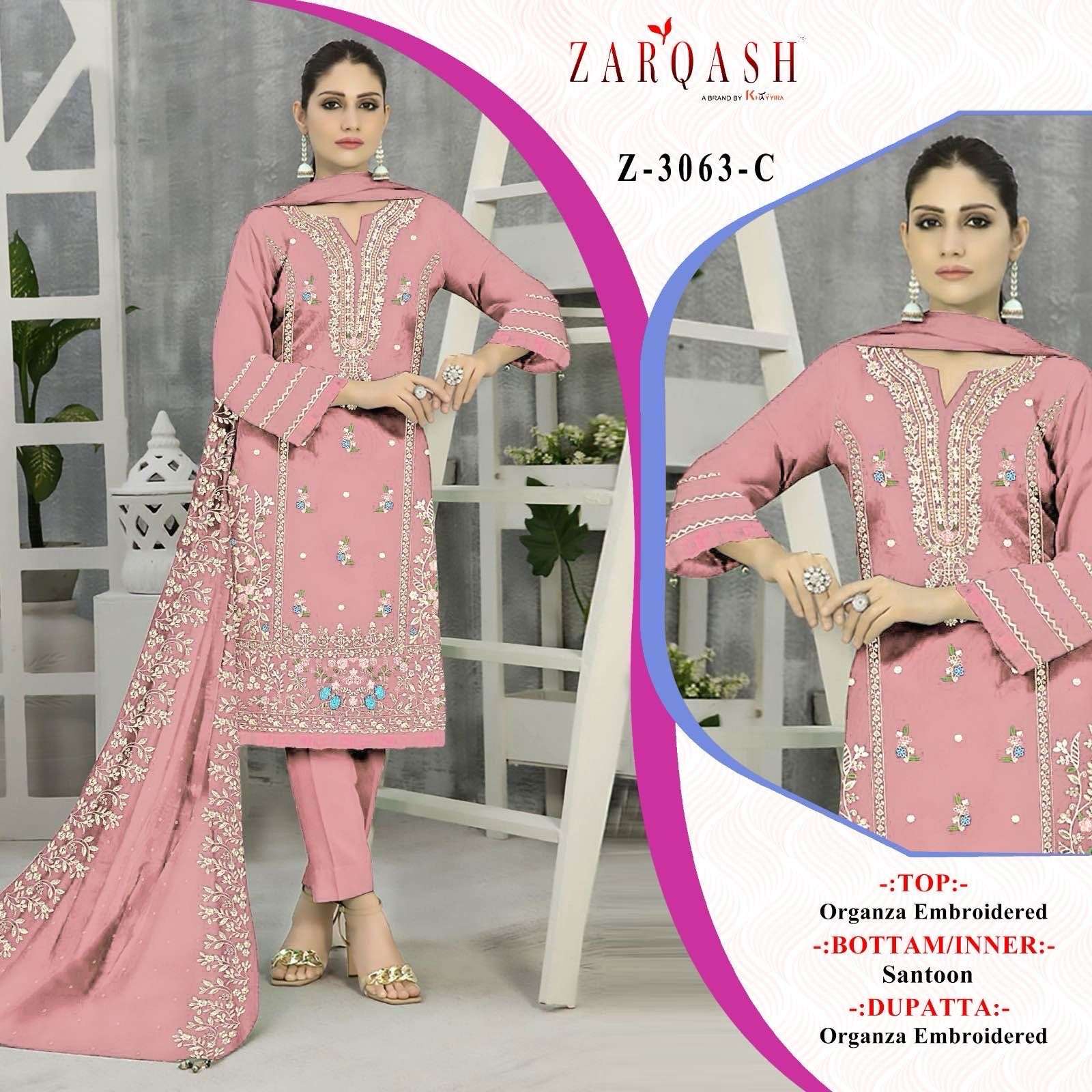 Z- 3063 (A-B-C-D) BY ZARQASH ORGANZA EMBROIDERY WITH STONE WORK DESIGNER SALWAR SUITS 